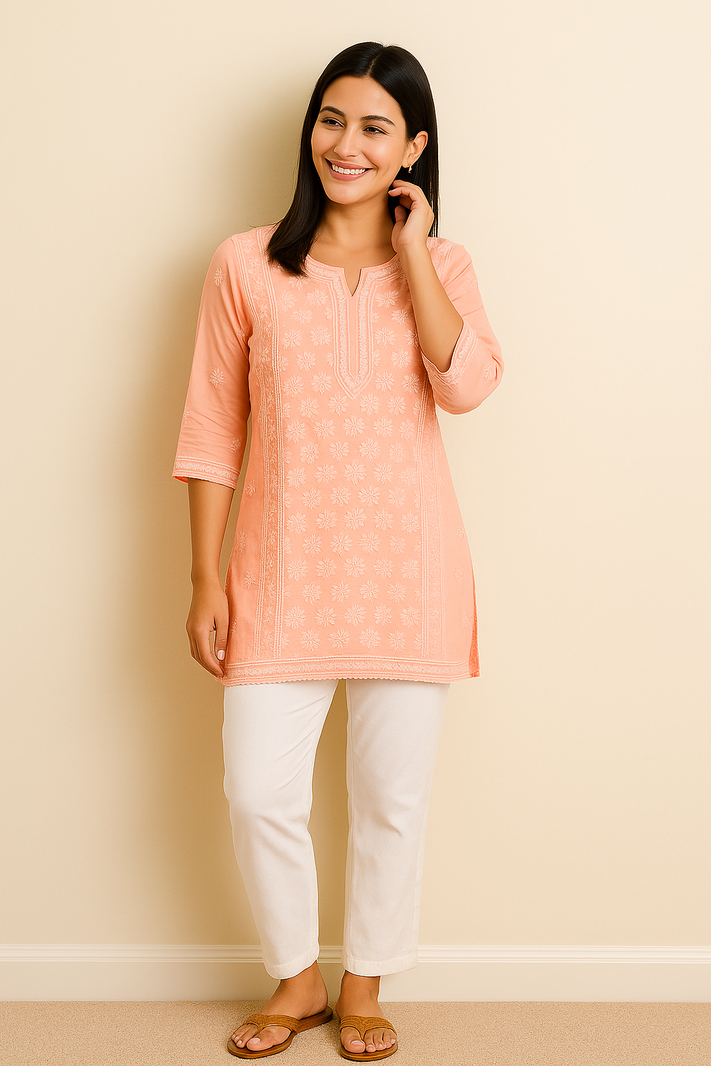 Chikankari Cotton Kurta -Bakhiya, Phanda work