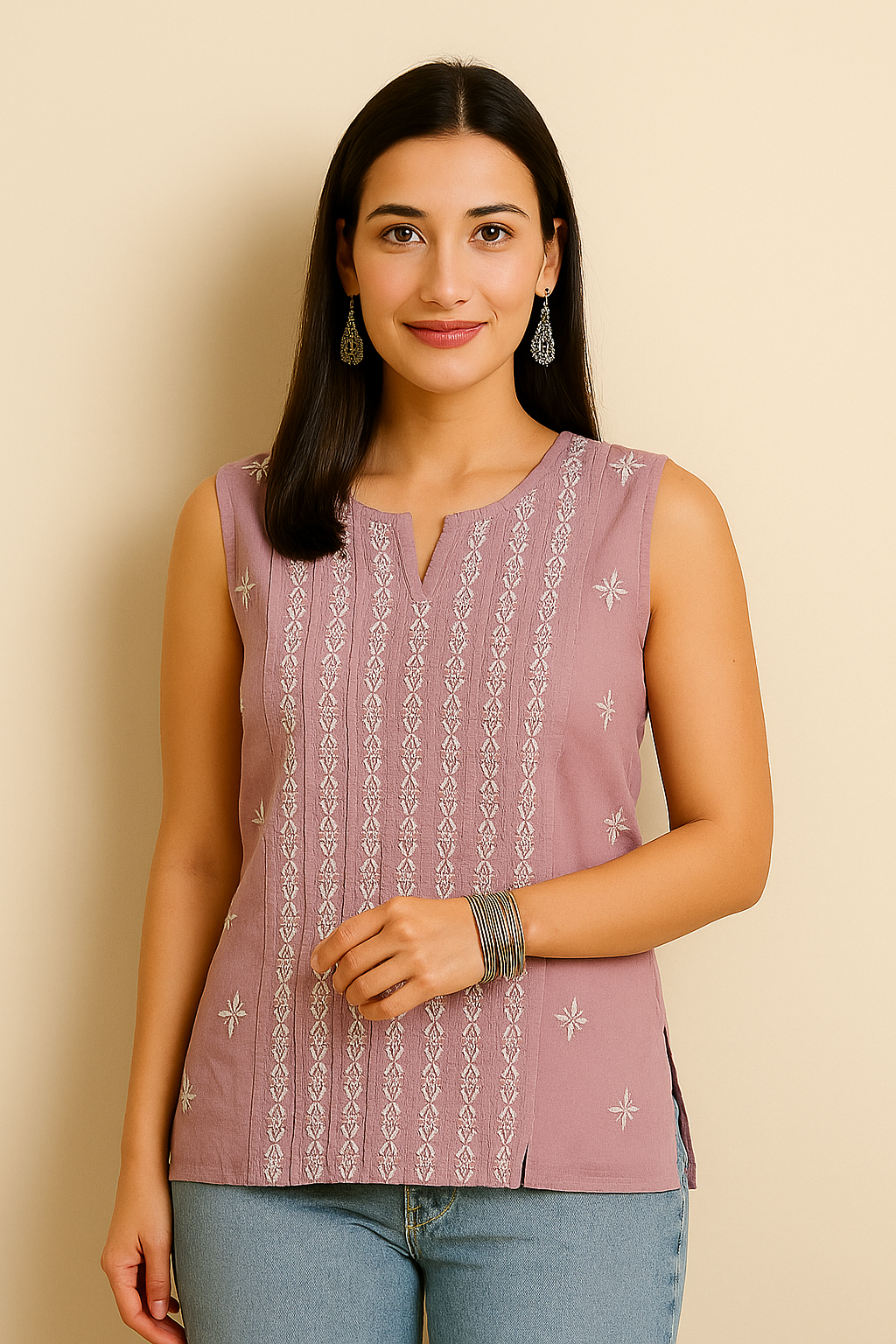 Chikankari Cotton Pleated Sleeveless Top