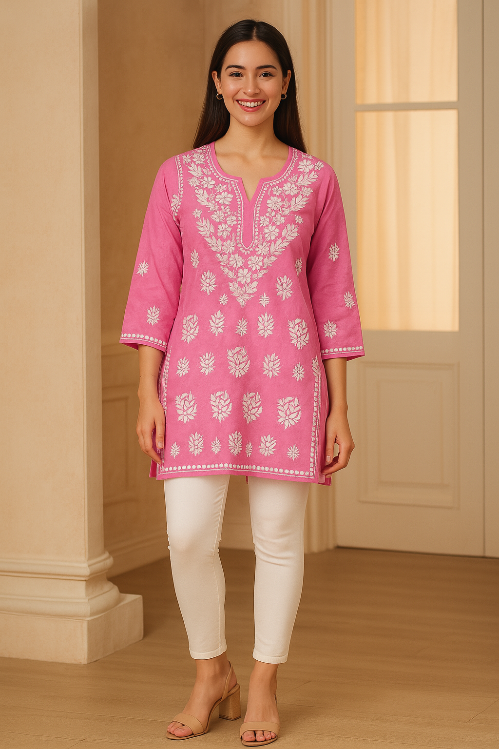 Chikankari Printed Cotton Kurta- Ghaaspatti work