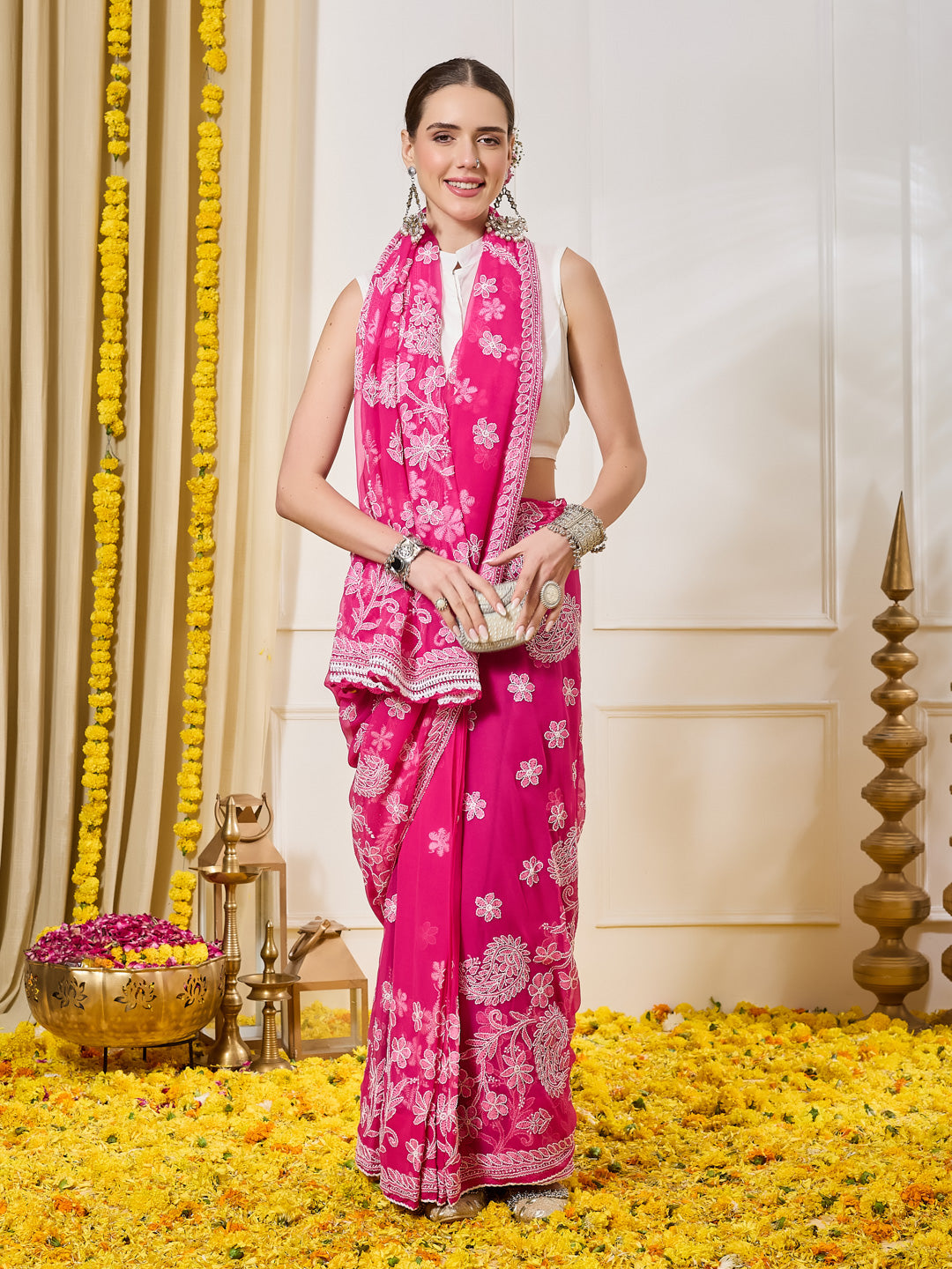 Fiza Georgette Pink Saree with Mukaish