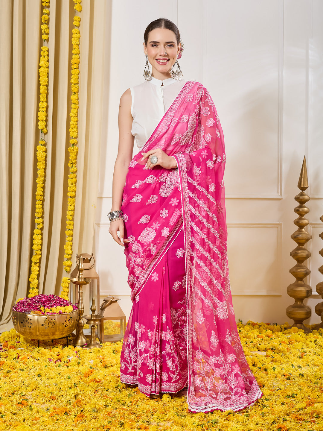 Fiza Georgette Pink Saree with Mukaish