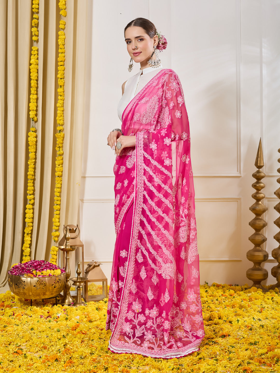 Fiza Georgette Pink Saree with Mukaish