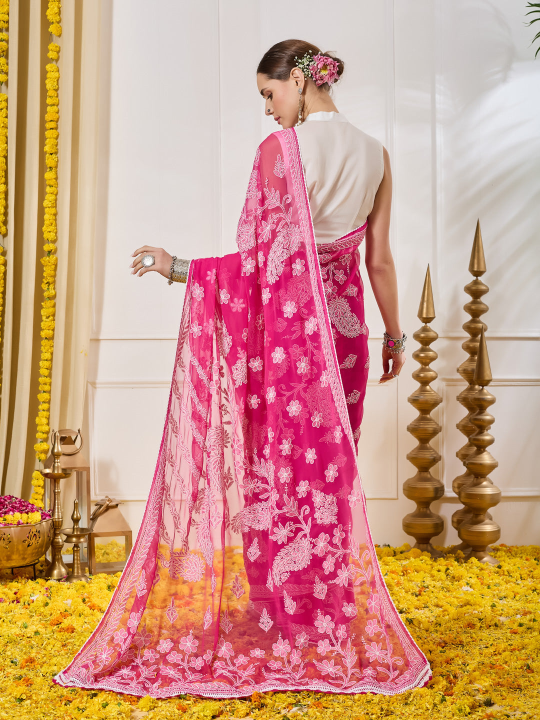 Fiza Georgette Pink Saree with Mukaish