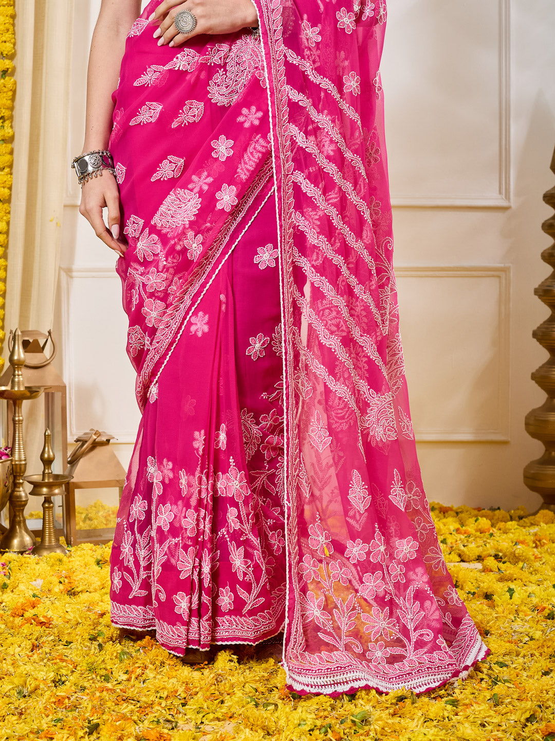 Fiza Georgette Pink Saree with Mukaish