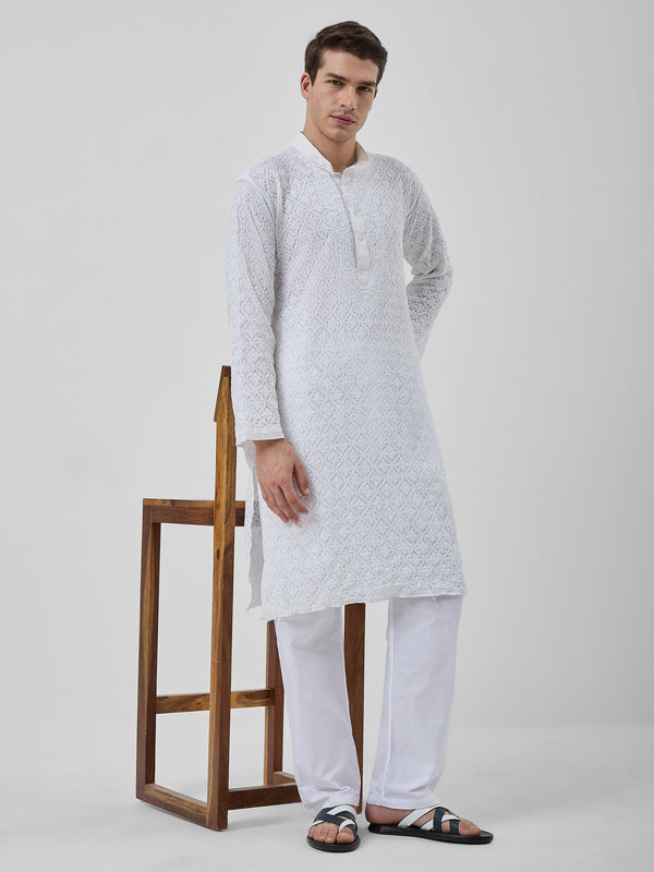 The Idris Signature Chikankari Kurta Ensemble – Pearl White