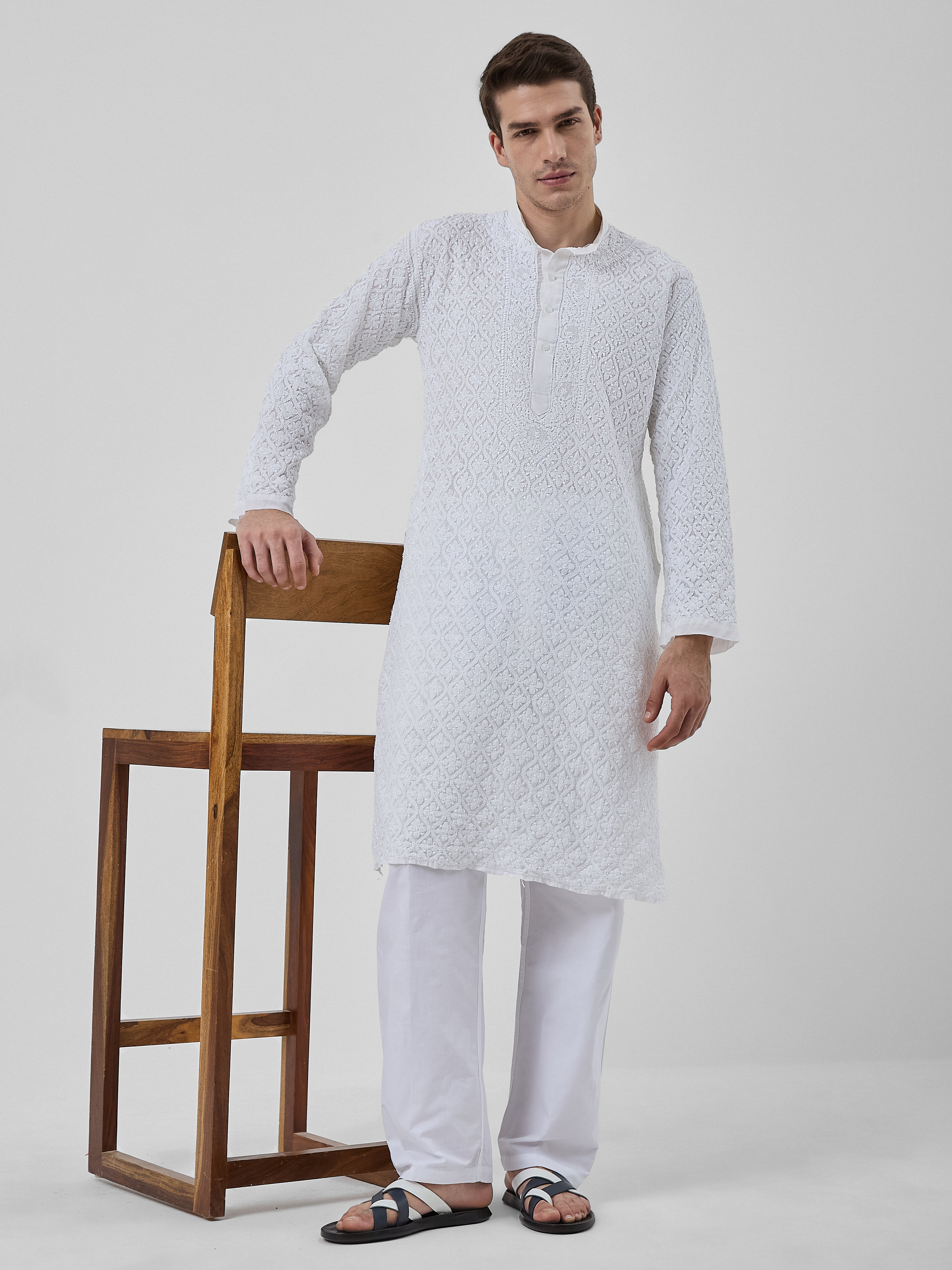 The Idris Signature Chikankari Kurta Ensemble – Pearl White