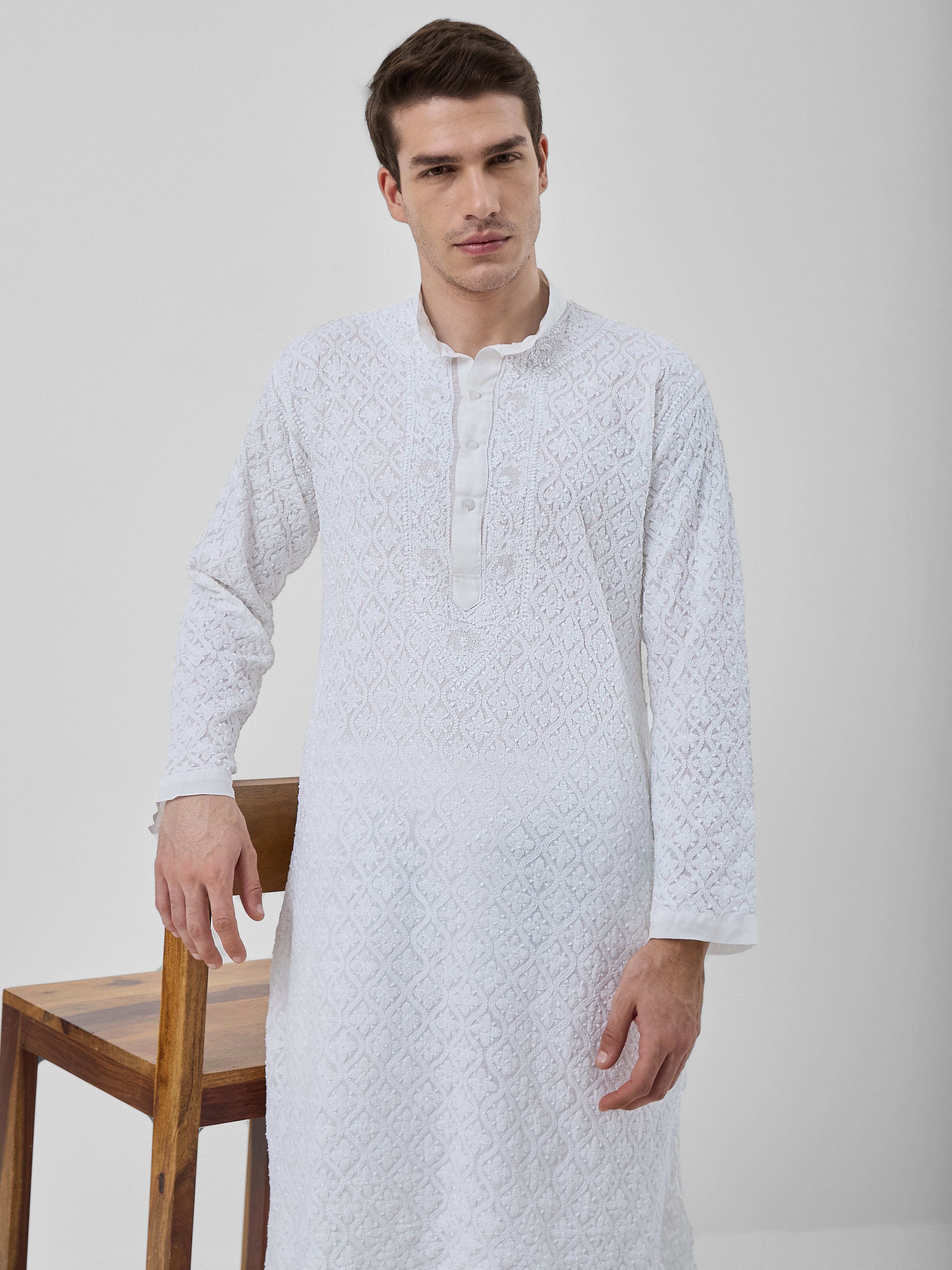 The Idris Signature Chikankari Kurta Ensemble – Pearl White