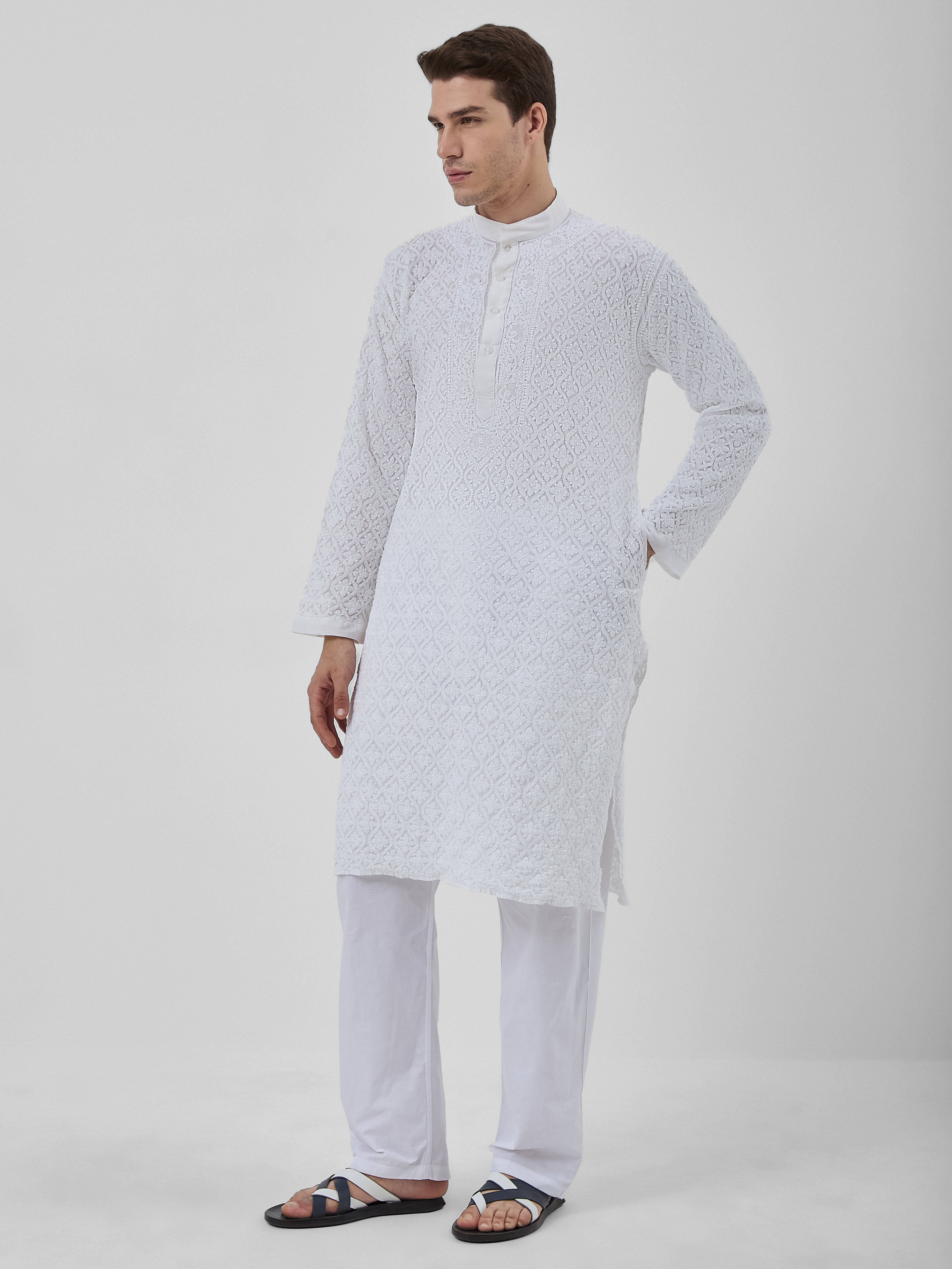 The Idris Signature Chikankari Kurta Ensemble – Pearl White