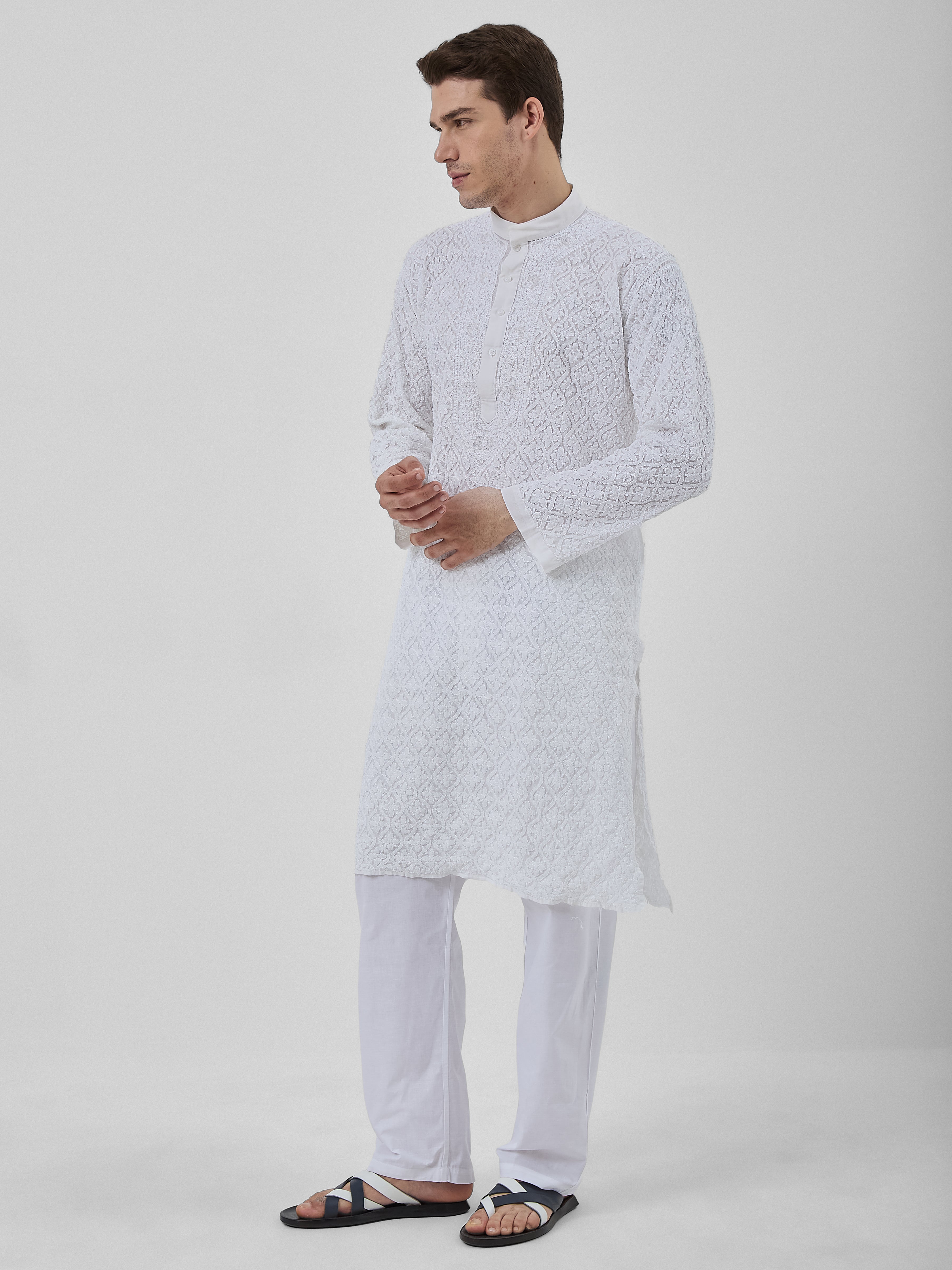 The Idris Signature Chikankari Kurta Ensemble – Pearl White