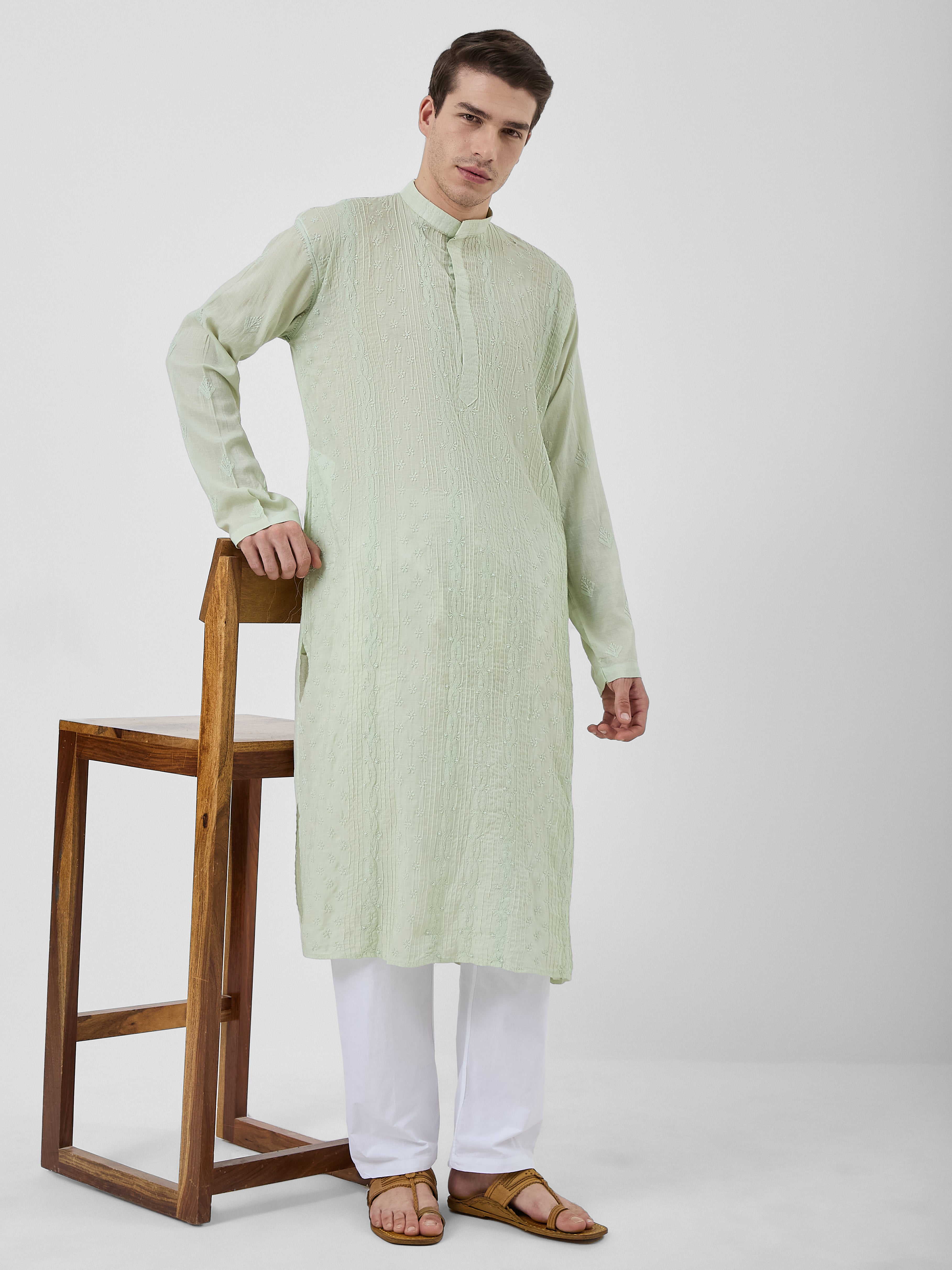 The Rayan Chanderi Kurta Ensemble – Sage Mist