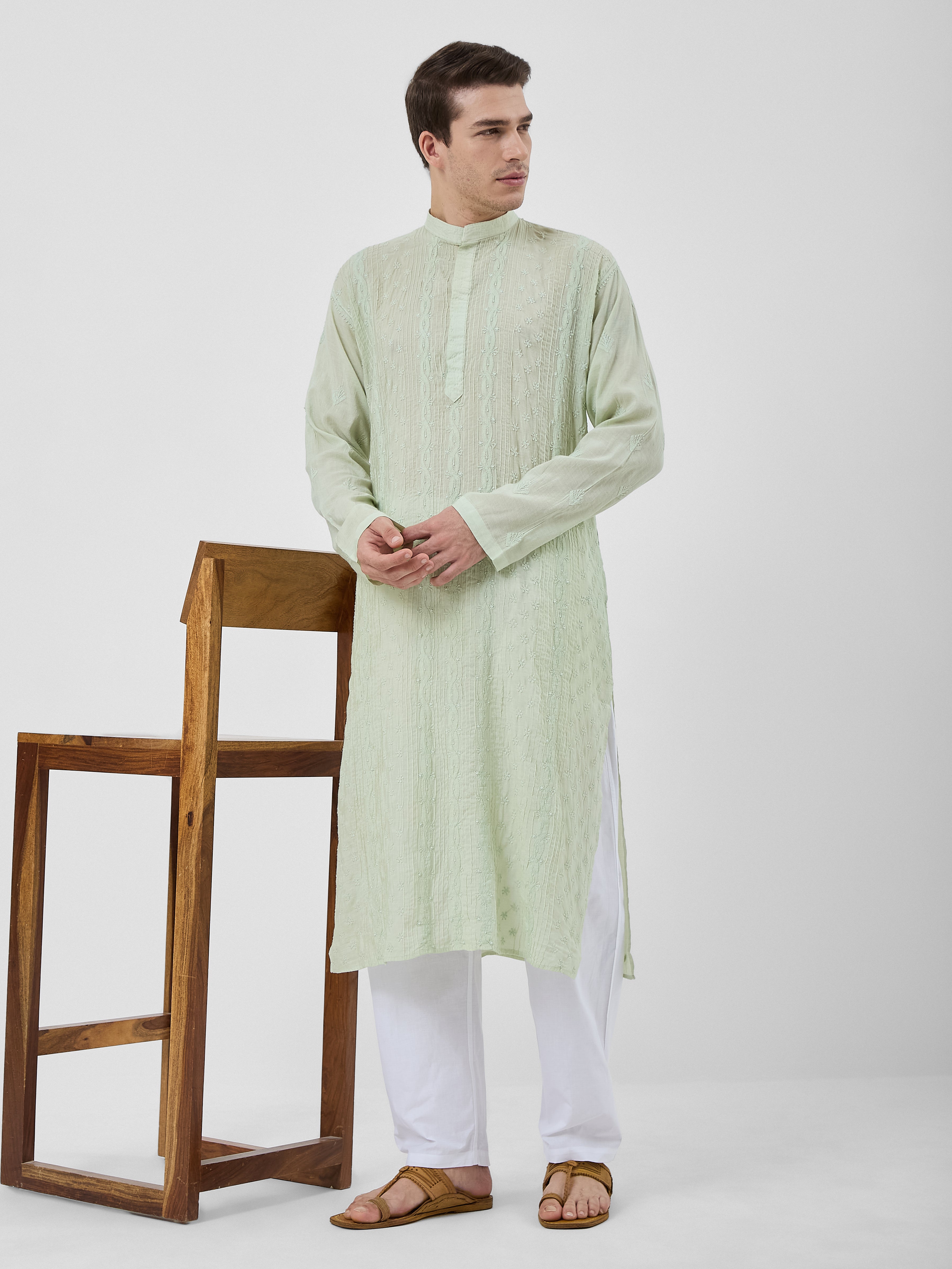 The Rayan Chanderi Kurta Ensemble – Sage Mist