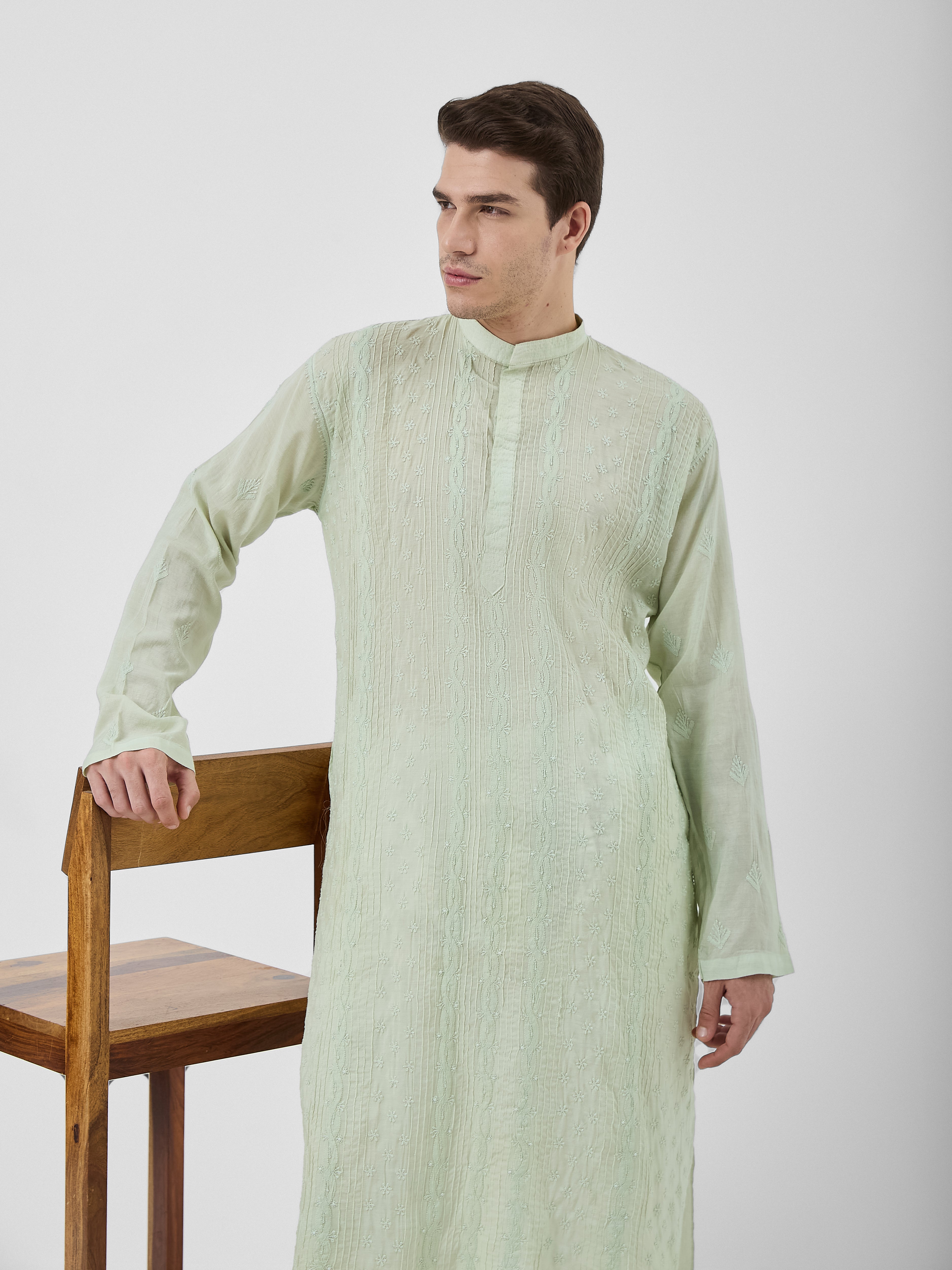 The Rayan Chanderi Kurta Ensemble – Sage Mist