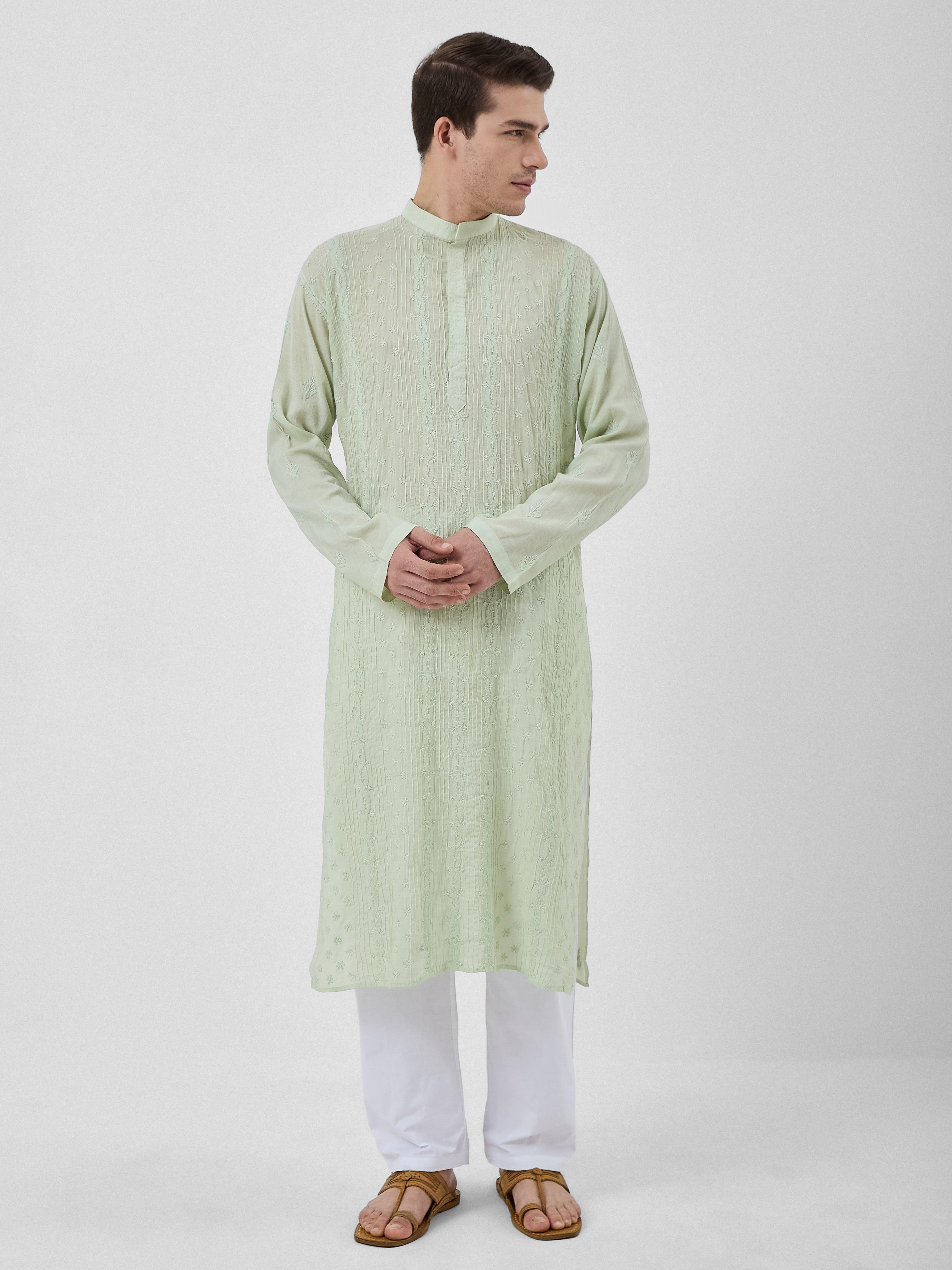 The Rayan Chanderi Kurta Ensemble – Sage Mist