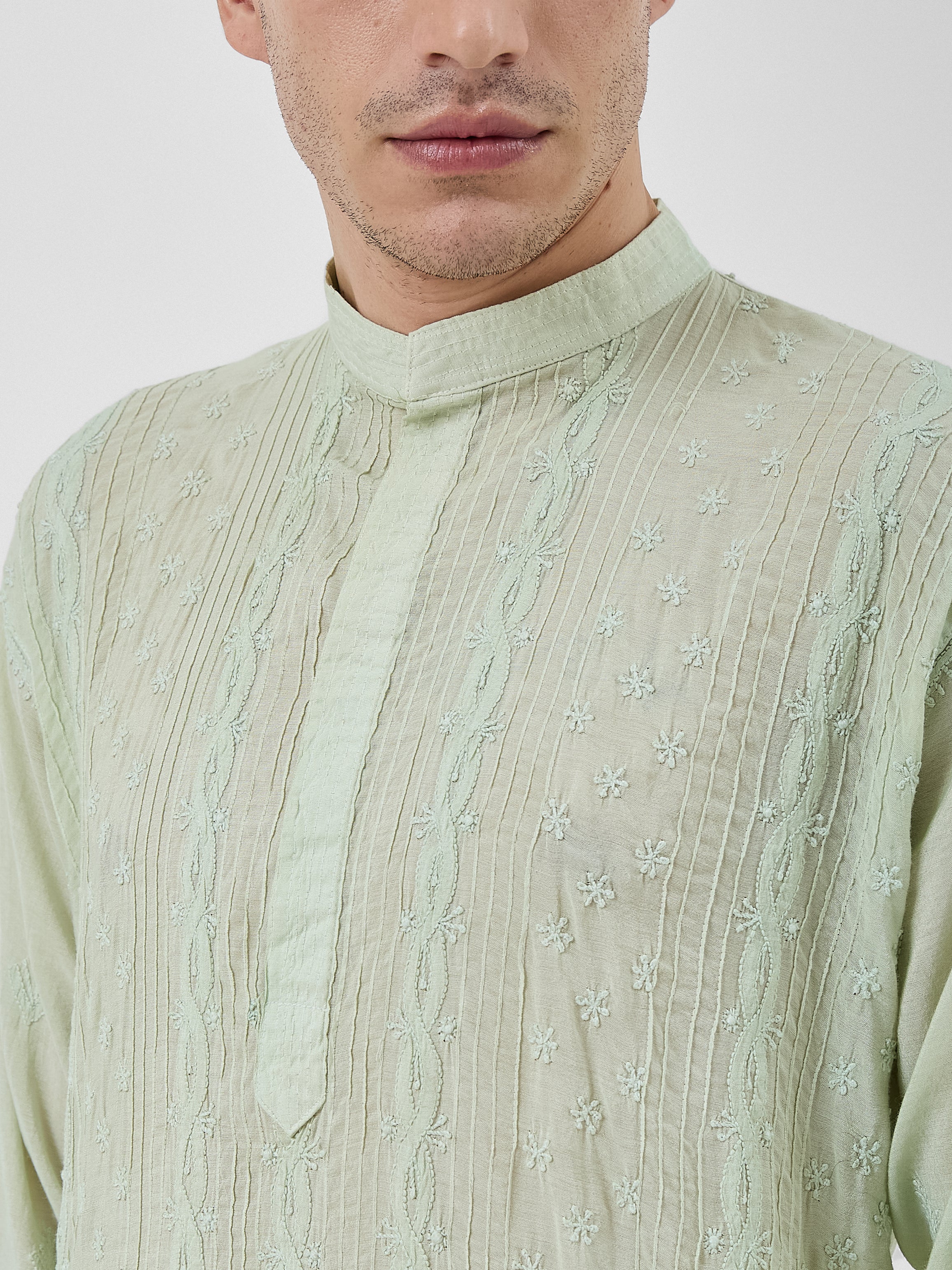 The Rayan Chanderi Kurta Ensemble – Sage Mist