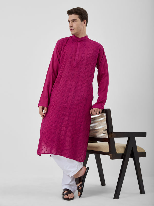 The Emir Chanderi Kurta Ensemble – Berry Wine