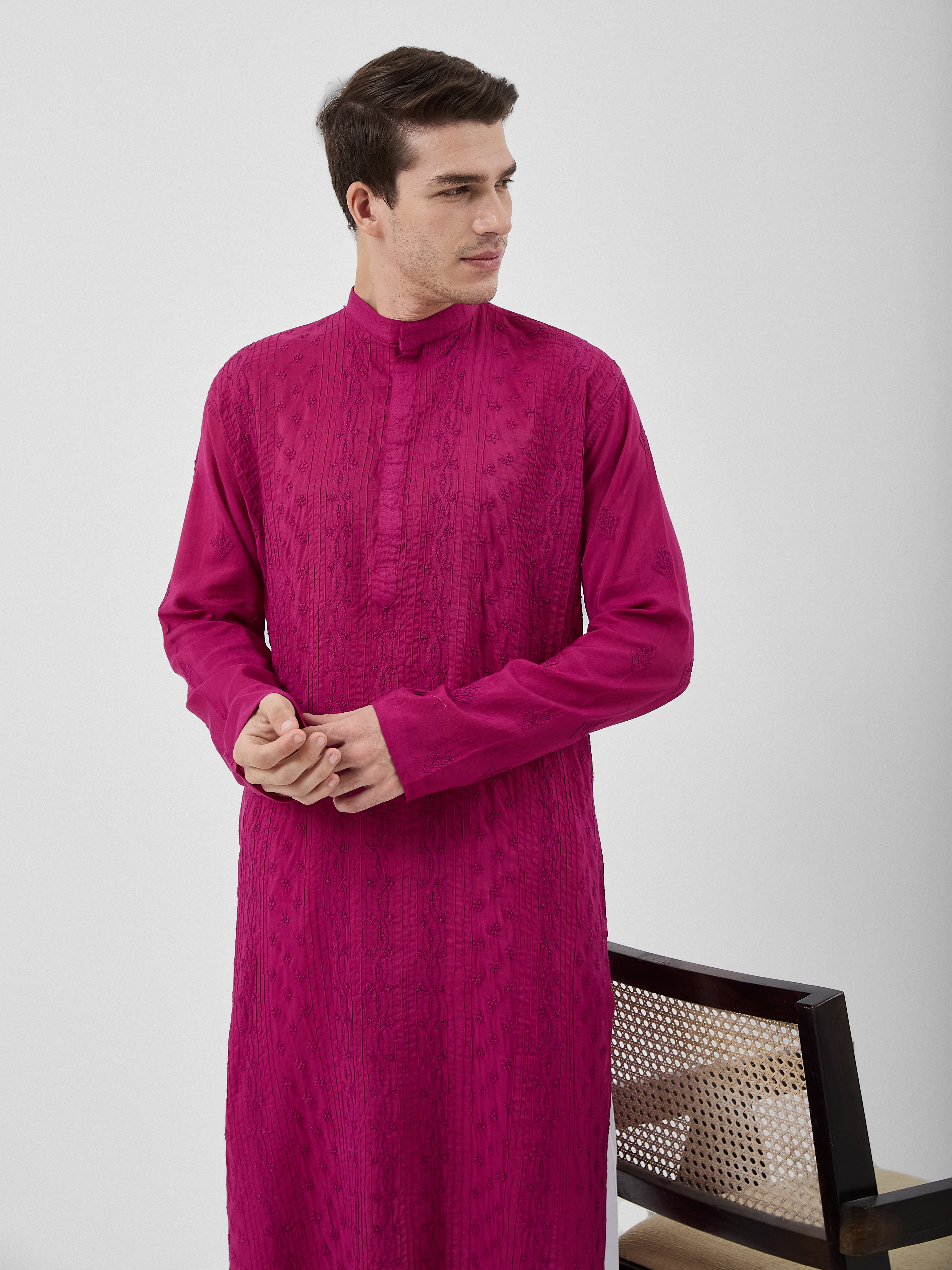 The Emir Chanderi Kurta Ensemble – Berry Wine