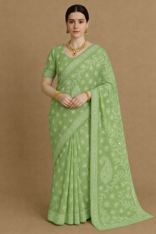 Misri Chikankari Georgette Mukaish Saree