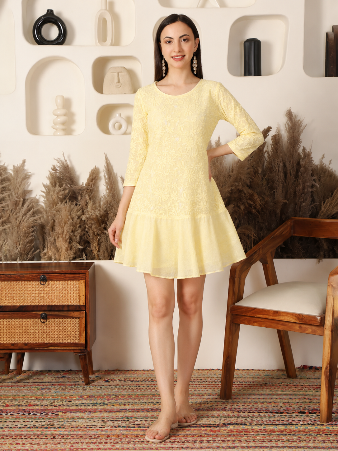 Ava Pastel Yellow Chikankari Flare Dress