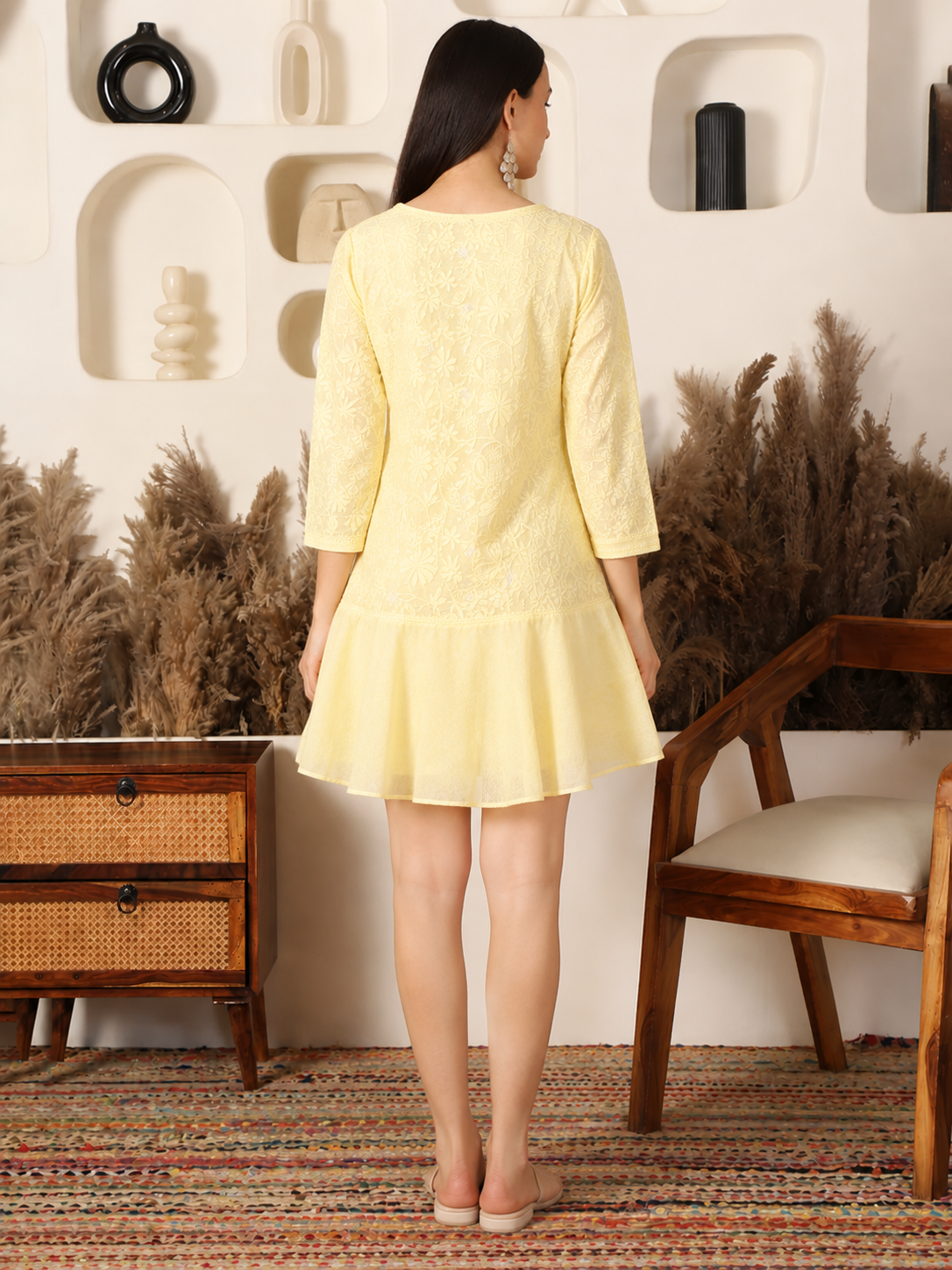 Ava Pastel Yellow Chikankari Flare Dress