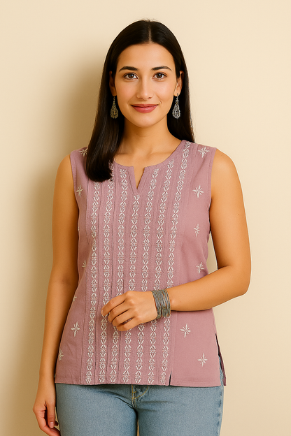 Chikankari Cotton Pleated Sleeveless Top