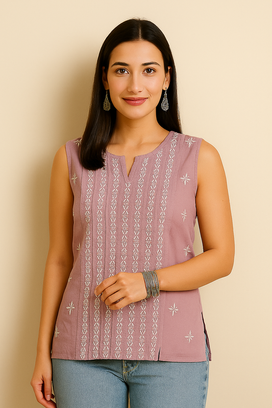 Chikankari Cotton Pleated Sleeveless Top