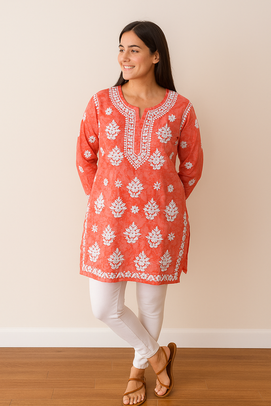Chikankari Printed Cotton Kurta- Ghaaspatti work