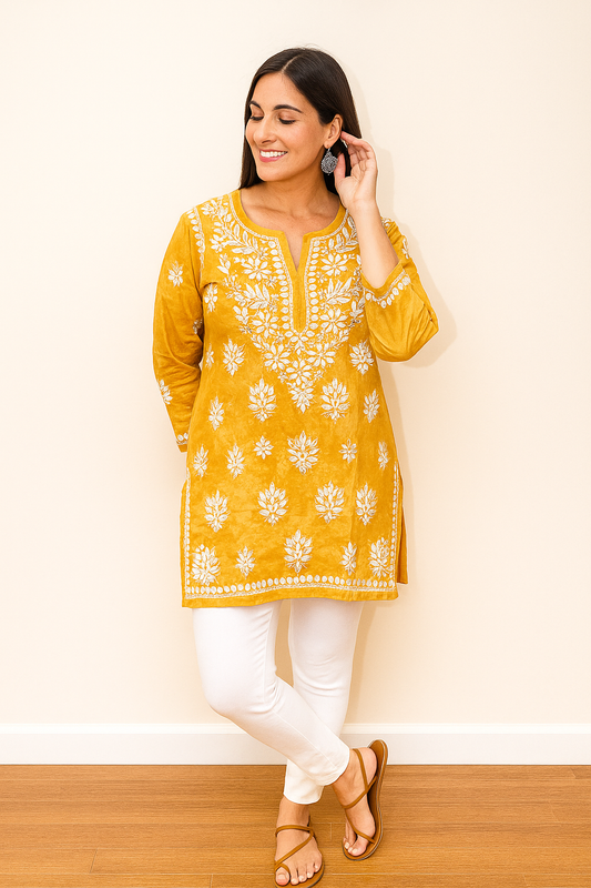 Chikankari Printed Cotton Kurta- Ghaaspatti work