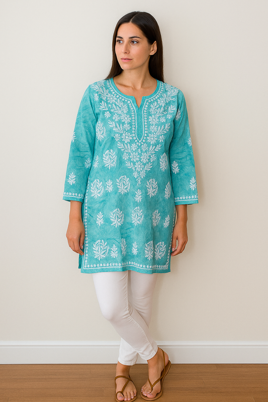 Chikankari Printed Cotton Kurta- Ghaaspatti work