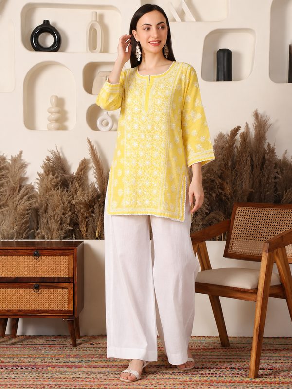 Raunaq Cotton Yellow Chikankari Kurta