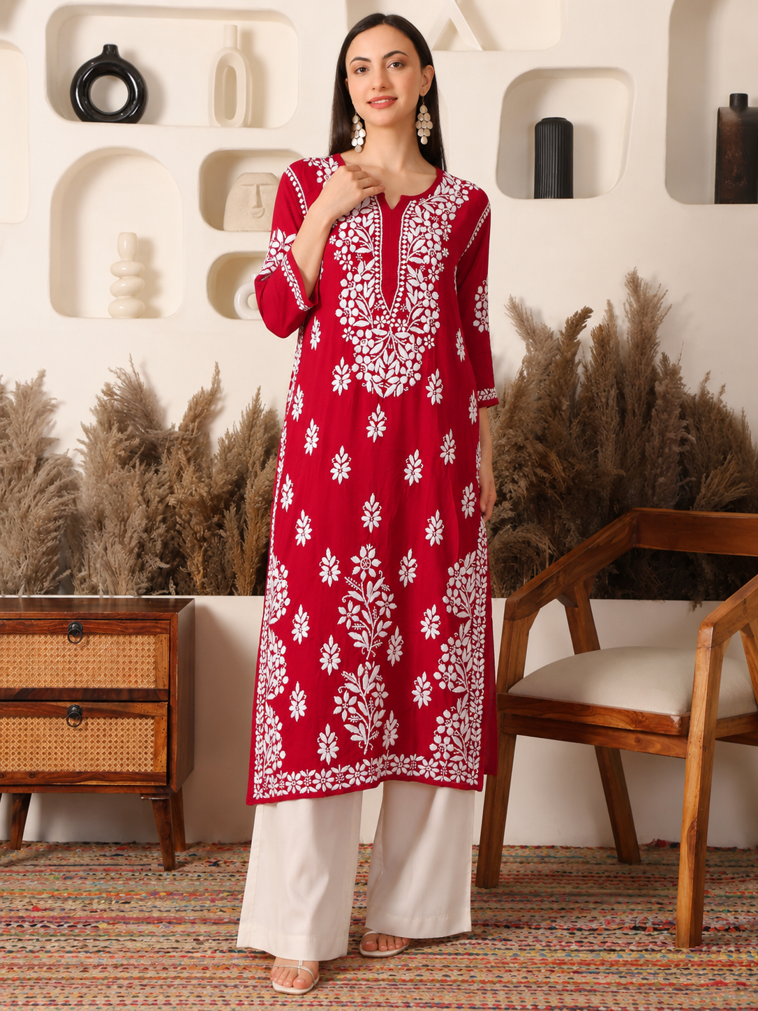 Gulnaar Modal Red Yoke Kurta
