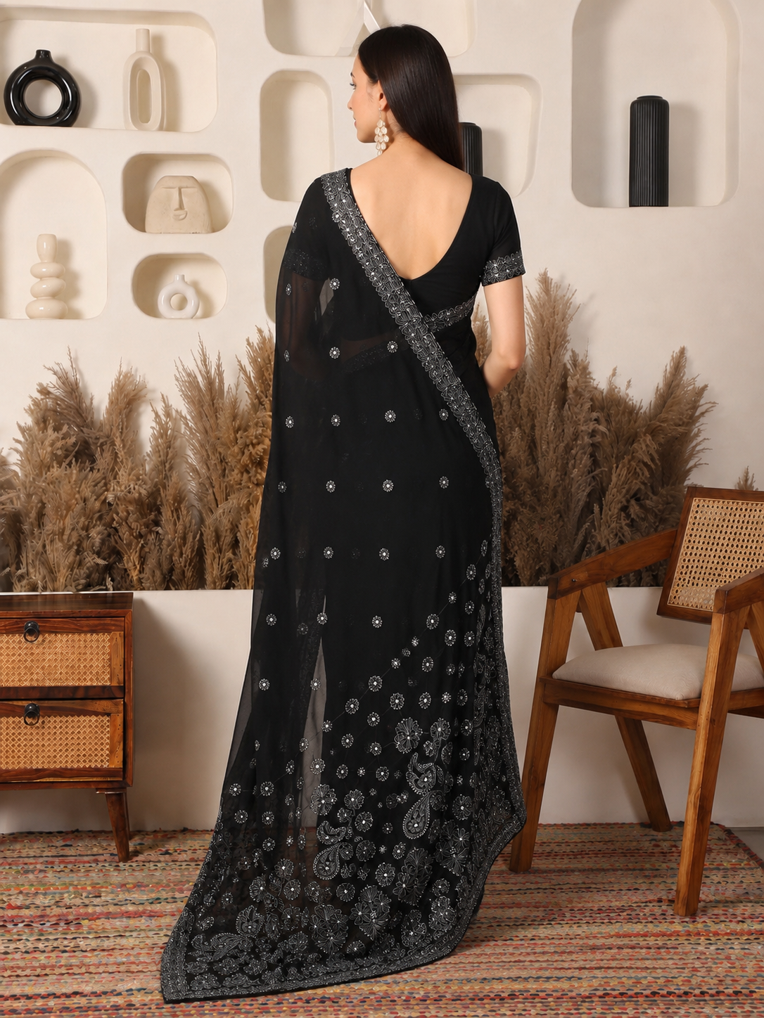 Nagma Georgette Black Saree with Mukaish