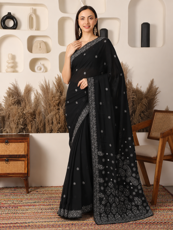Nagma Georgette Black Saree with Mukaish