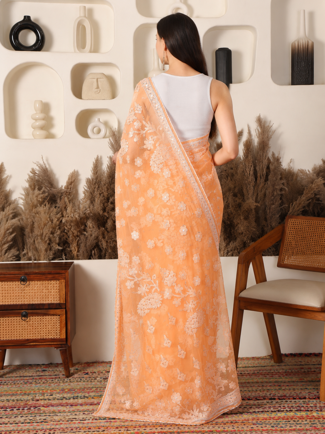 Misri Georgette Apricot Saree with Mukaish