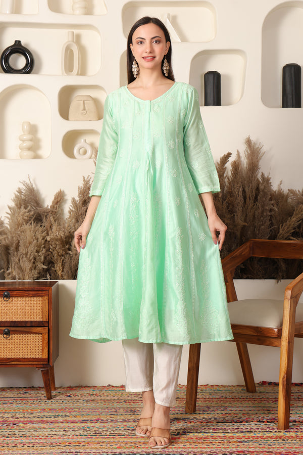 Noor Chanderi Mint Chikankari Anarkali