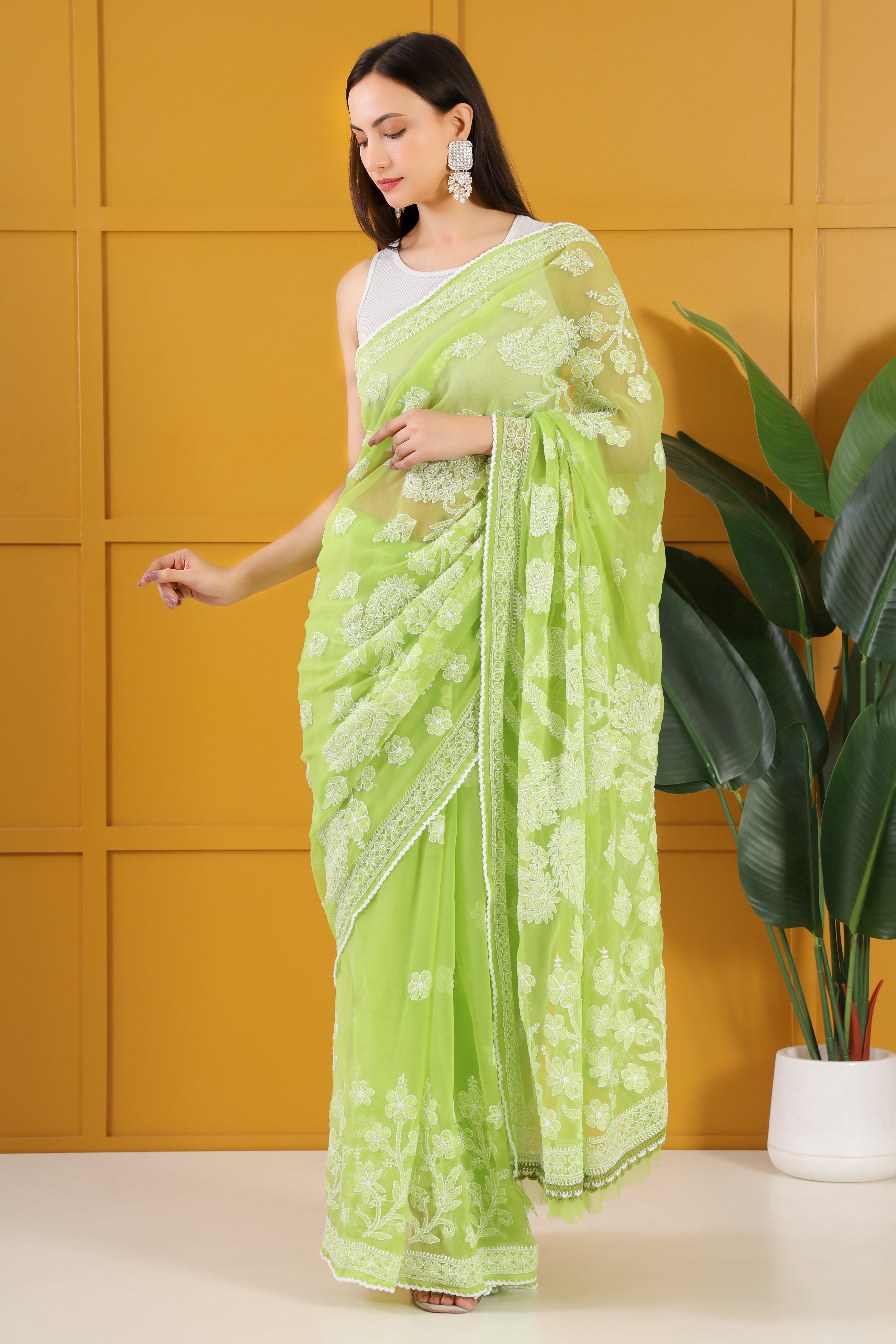 Misri Georgette Green Chikankari Saree