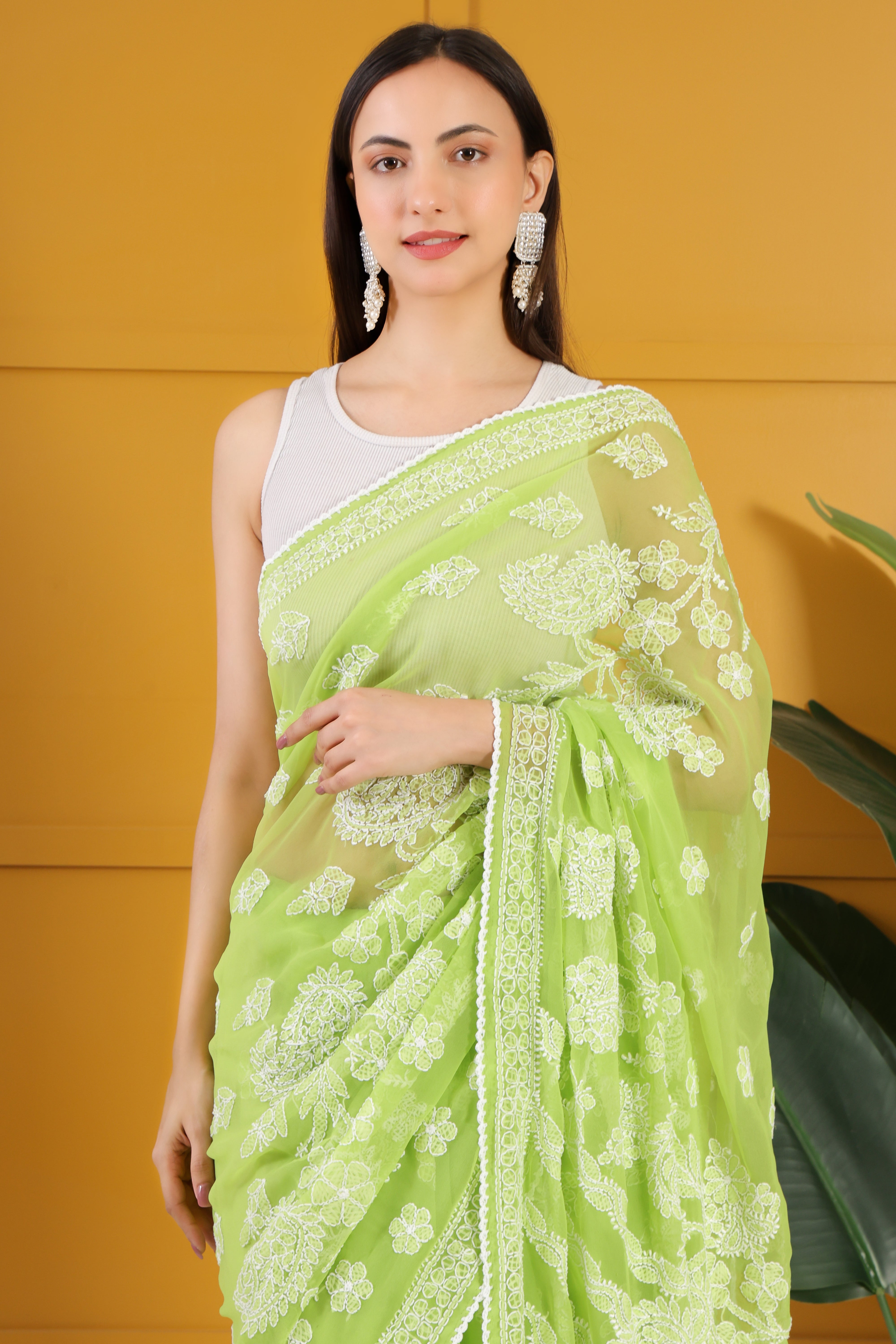 Misri Georgette Green Chikankari Saree