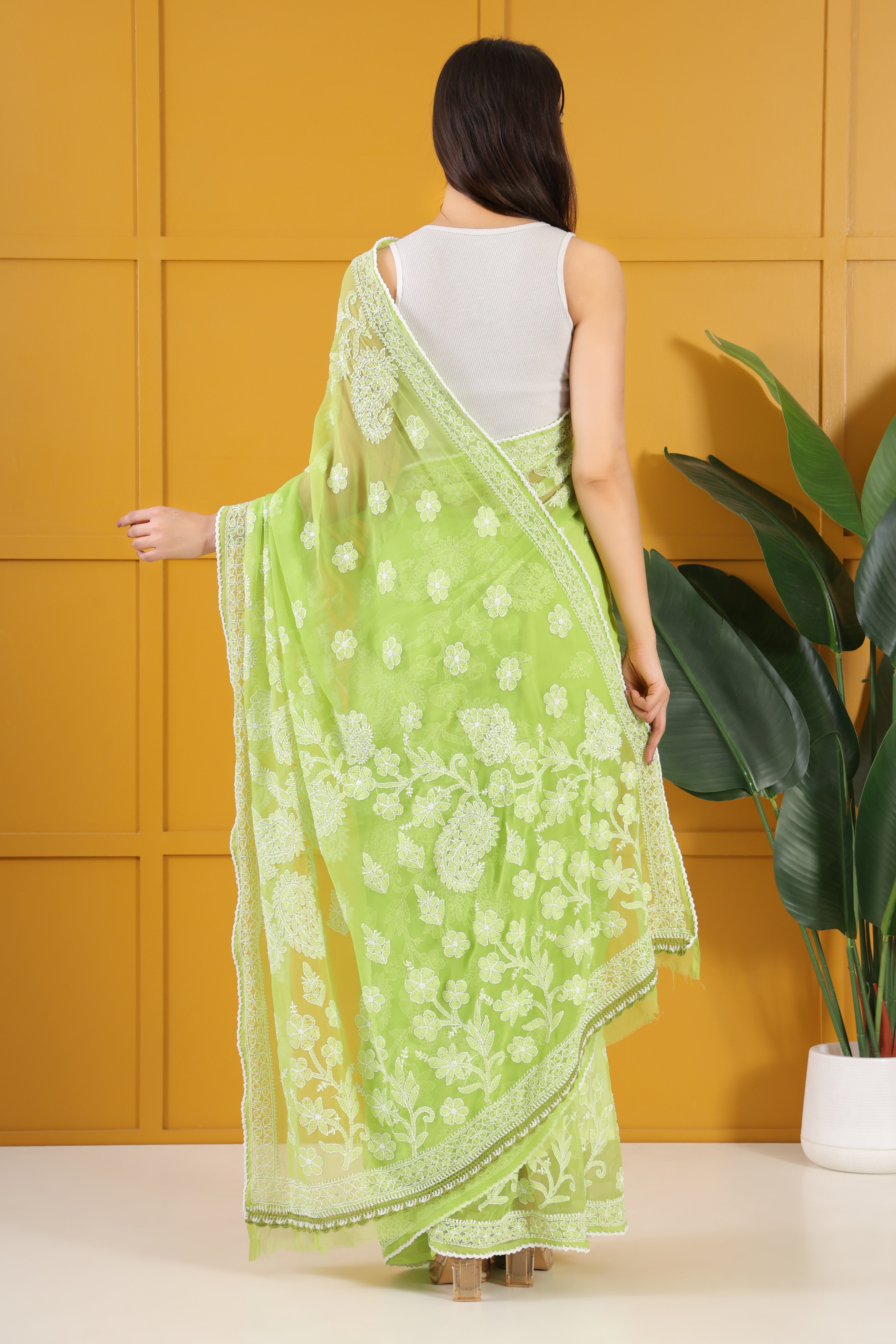 Misri Georgette Green Chikankari Saree