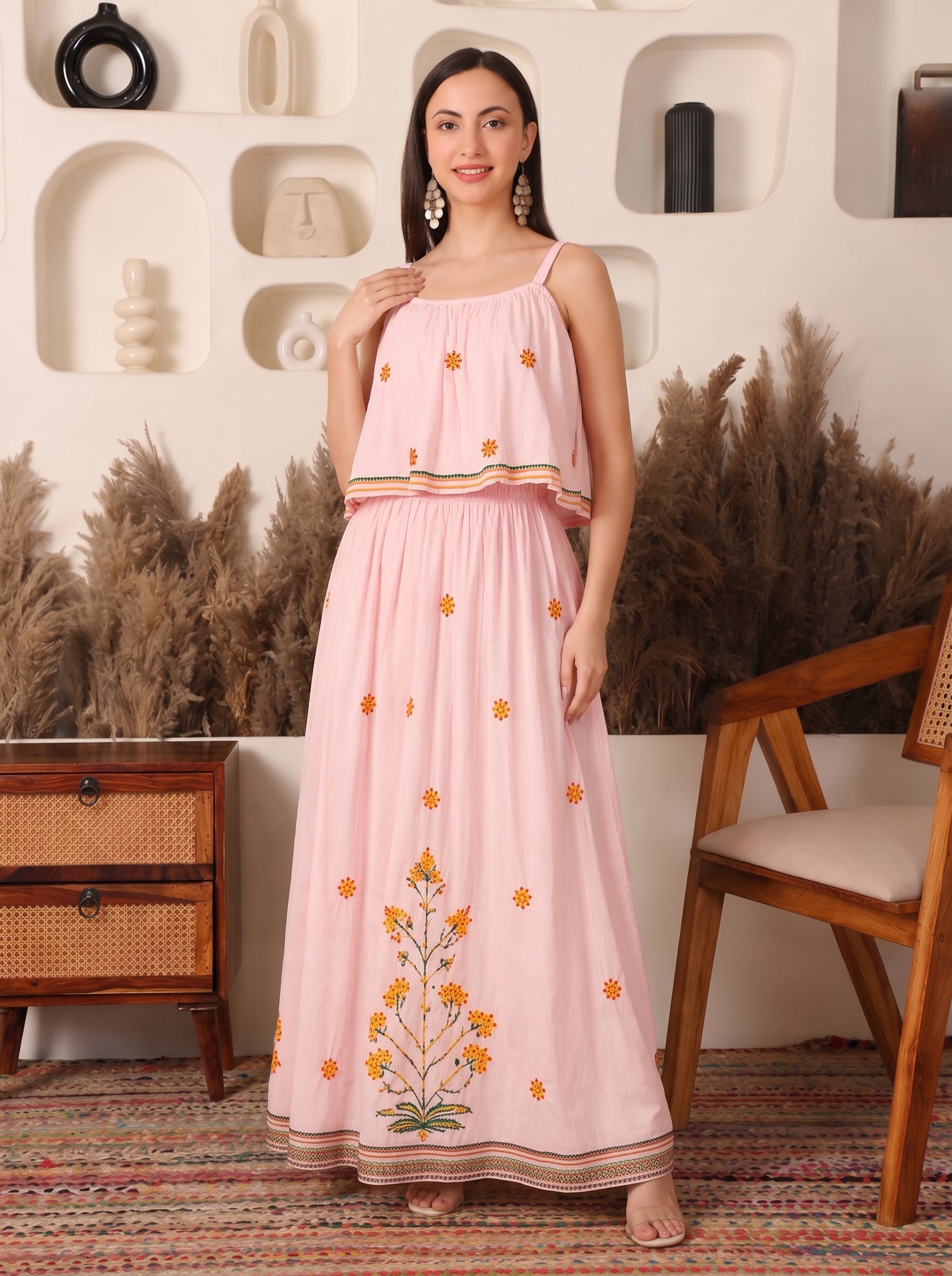 Meadow Rayon Peach Chikankari Dress