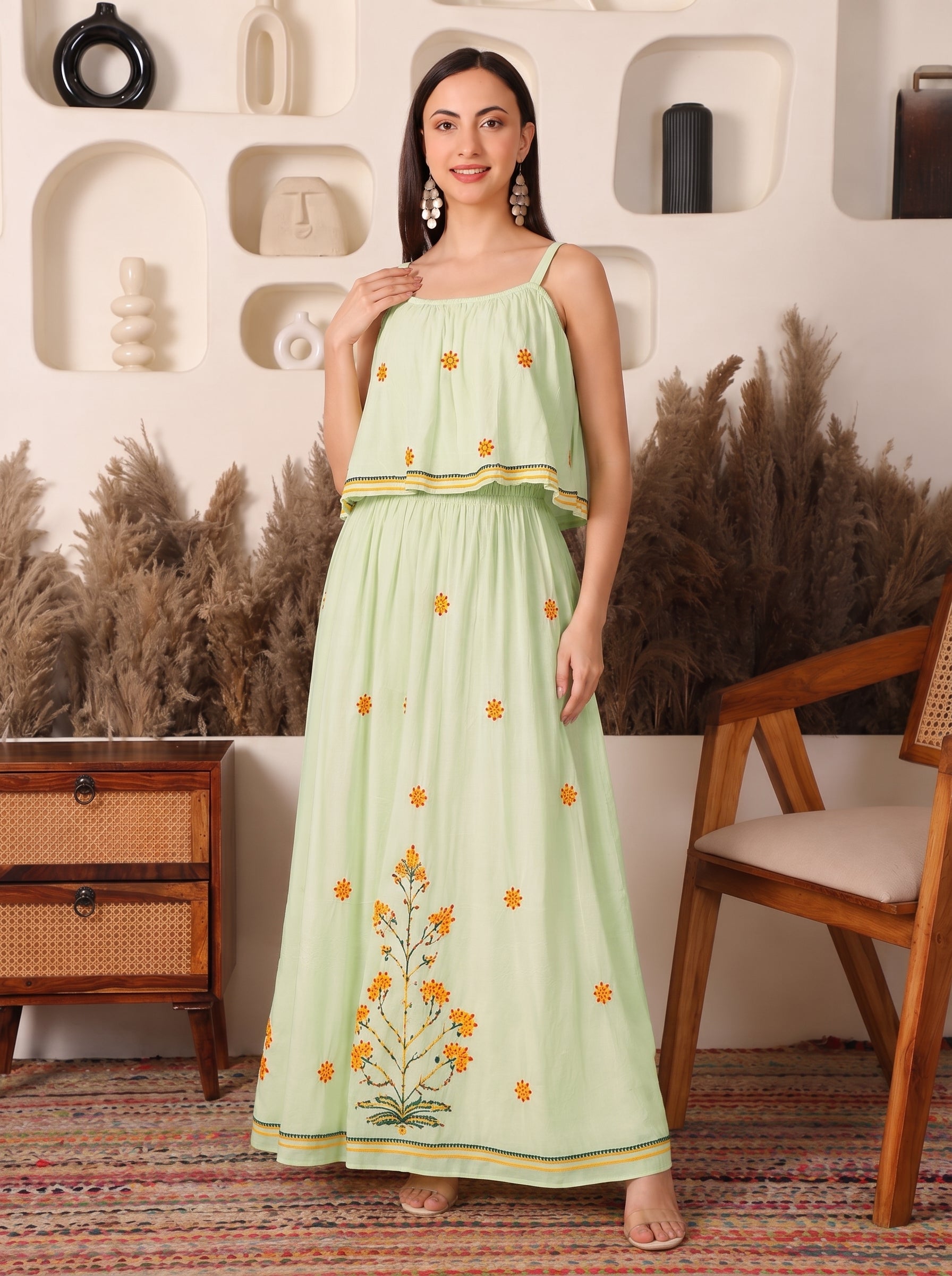 Meadow Rayon Pistachio Chikankari Dress