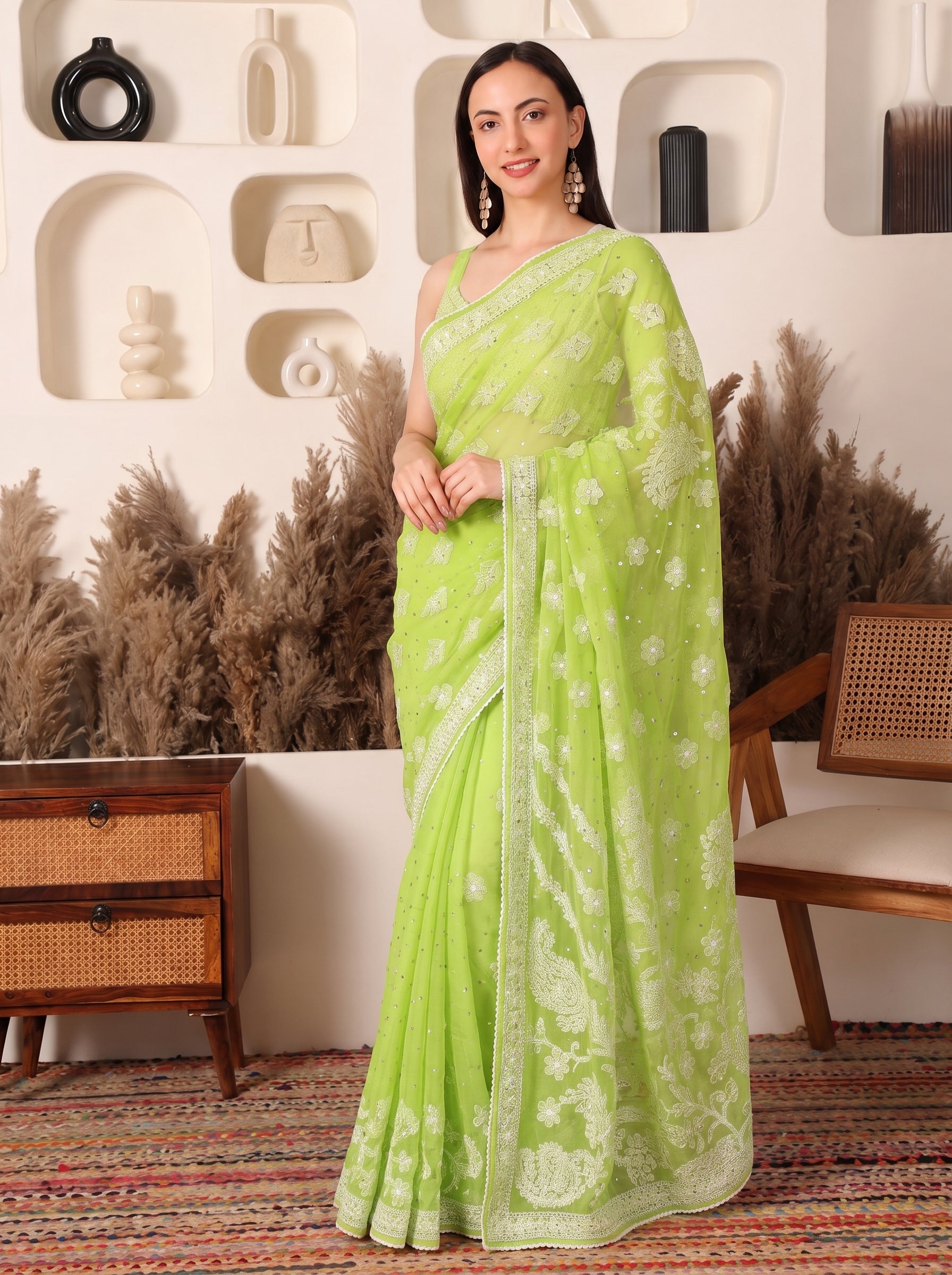 Misri Georgette Green Saree with Mukaish