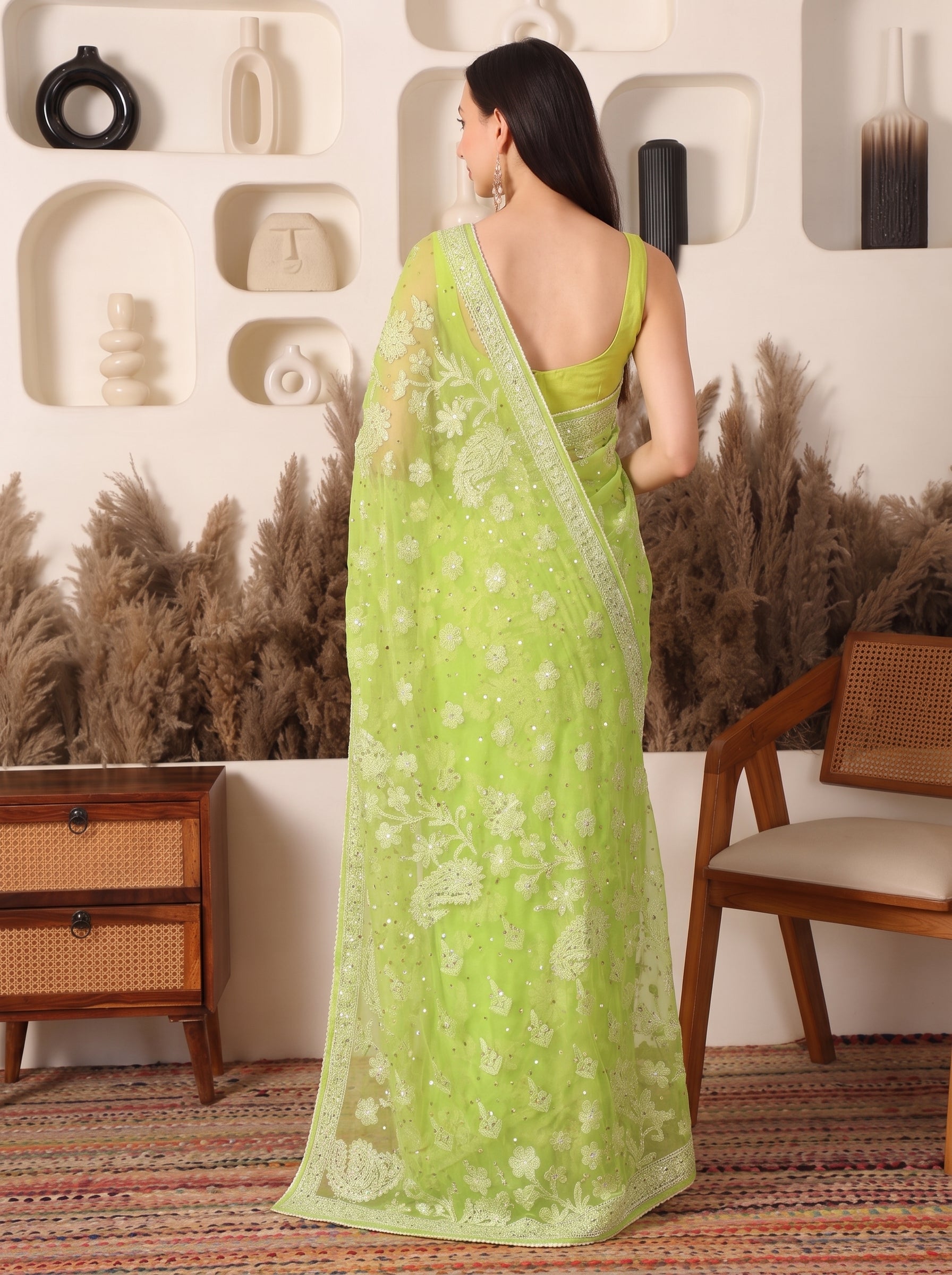 Misri Georgette Green Saree with Mukaish