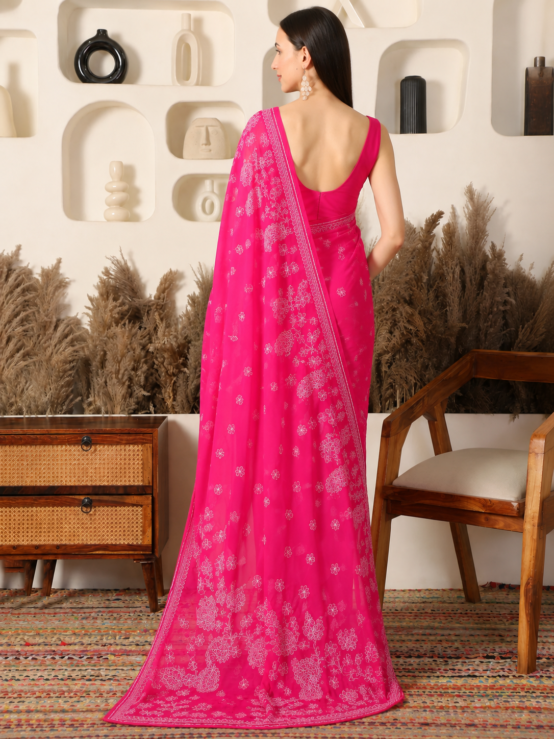 Fiza Georgette Pink Saree with Mukaish