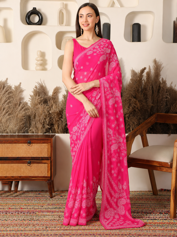 Fiza Georgette Pink Saree with Mukaish