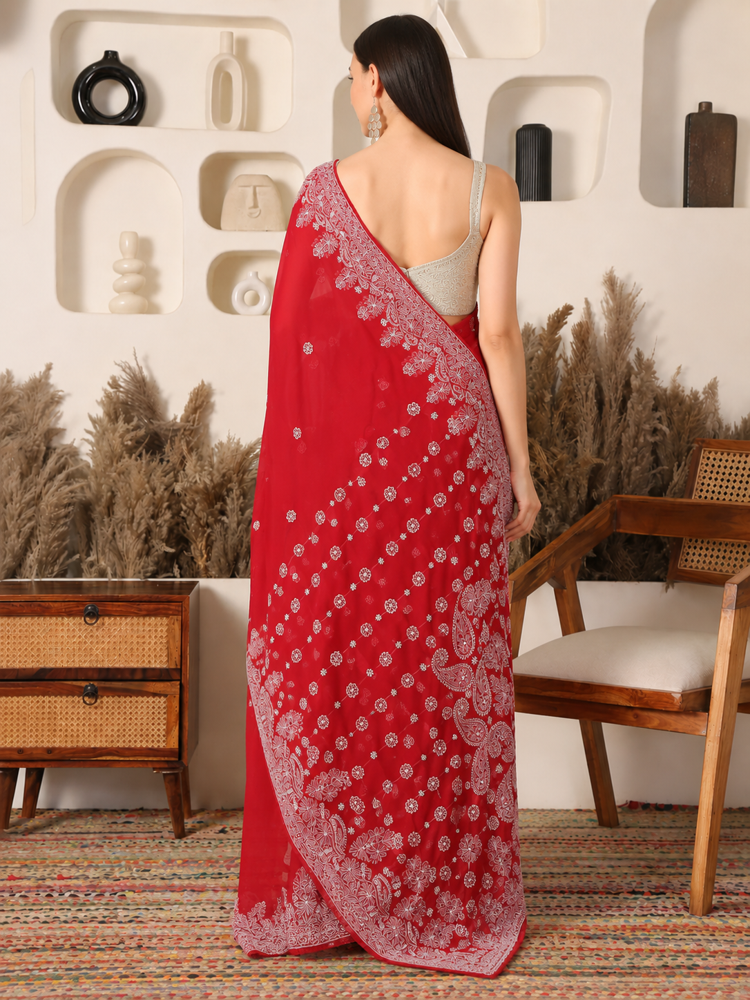 Nagma Georgette Red Saree with Mukaish