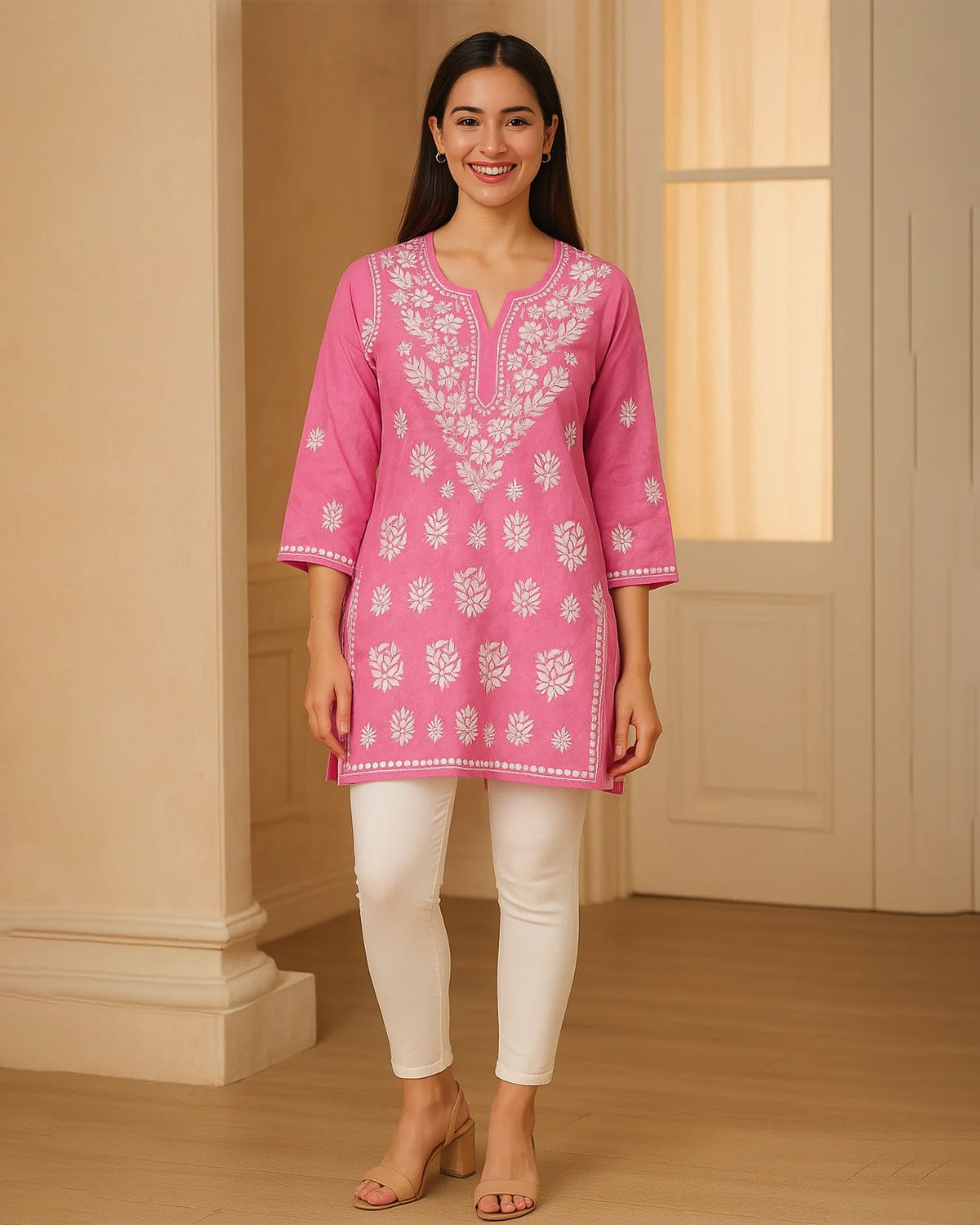 Chikankari Printed Cotton Kurta- Ghaaspatti work