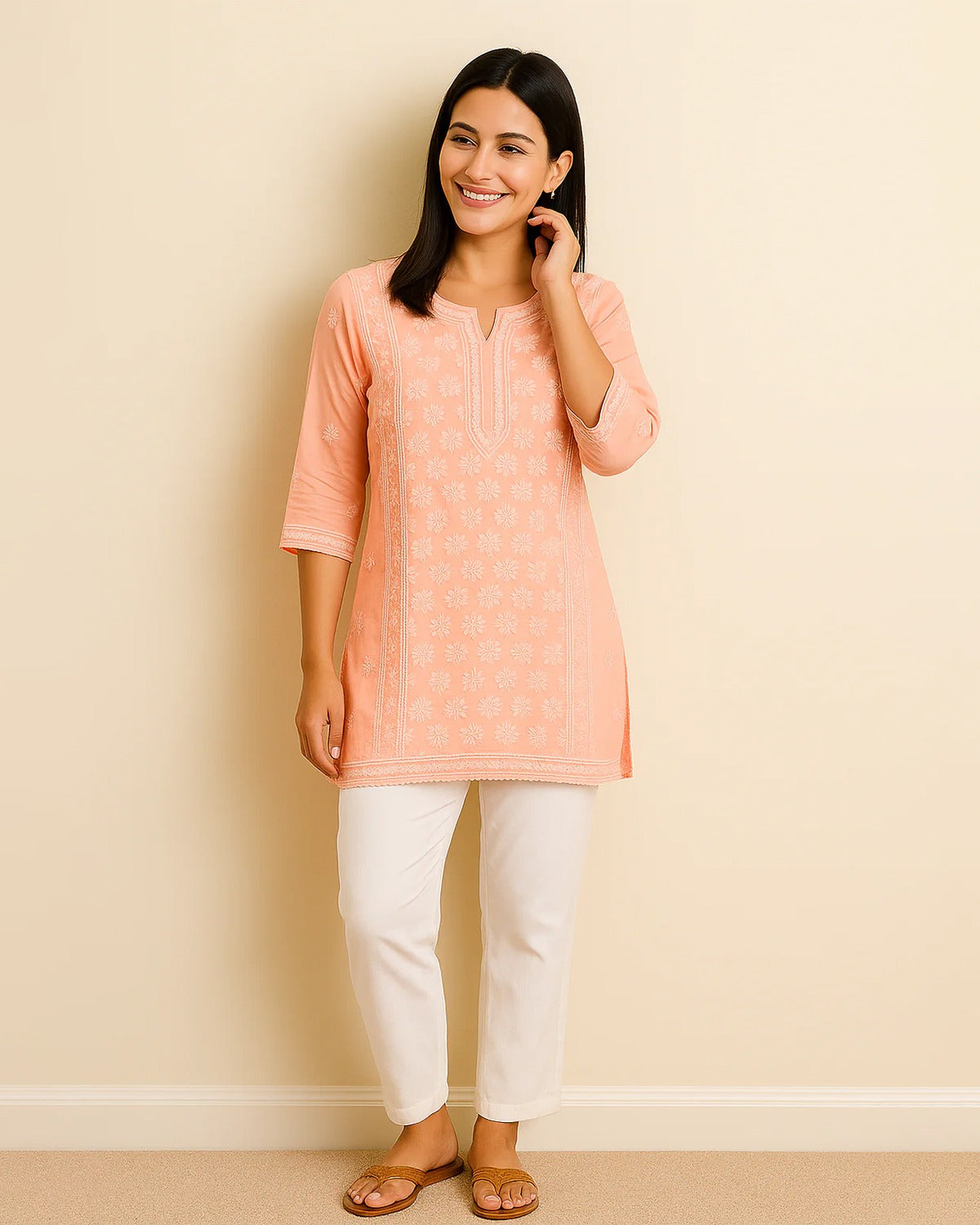 Chikankari Peach Cotton Kurta -Bakhiya, Phanda work