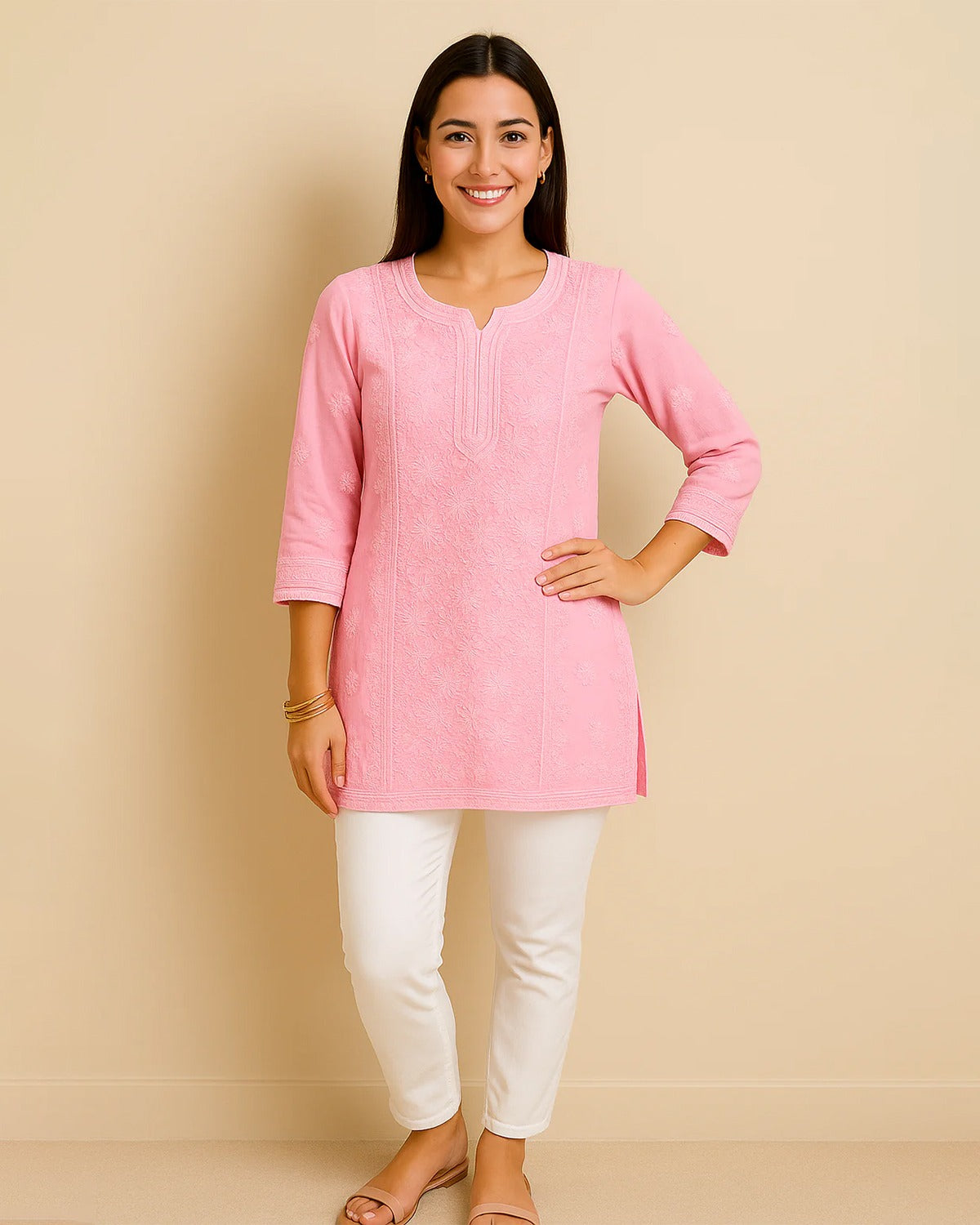 Chikankari Cotton Kurta -Bakhiya, Phanda work