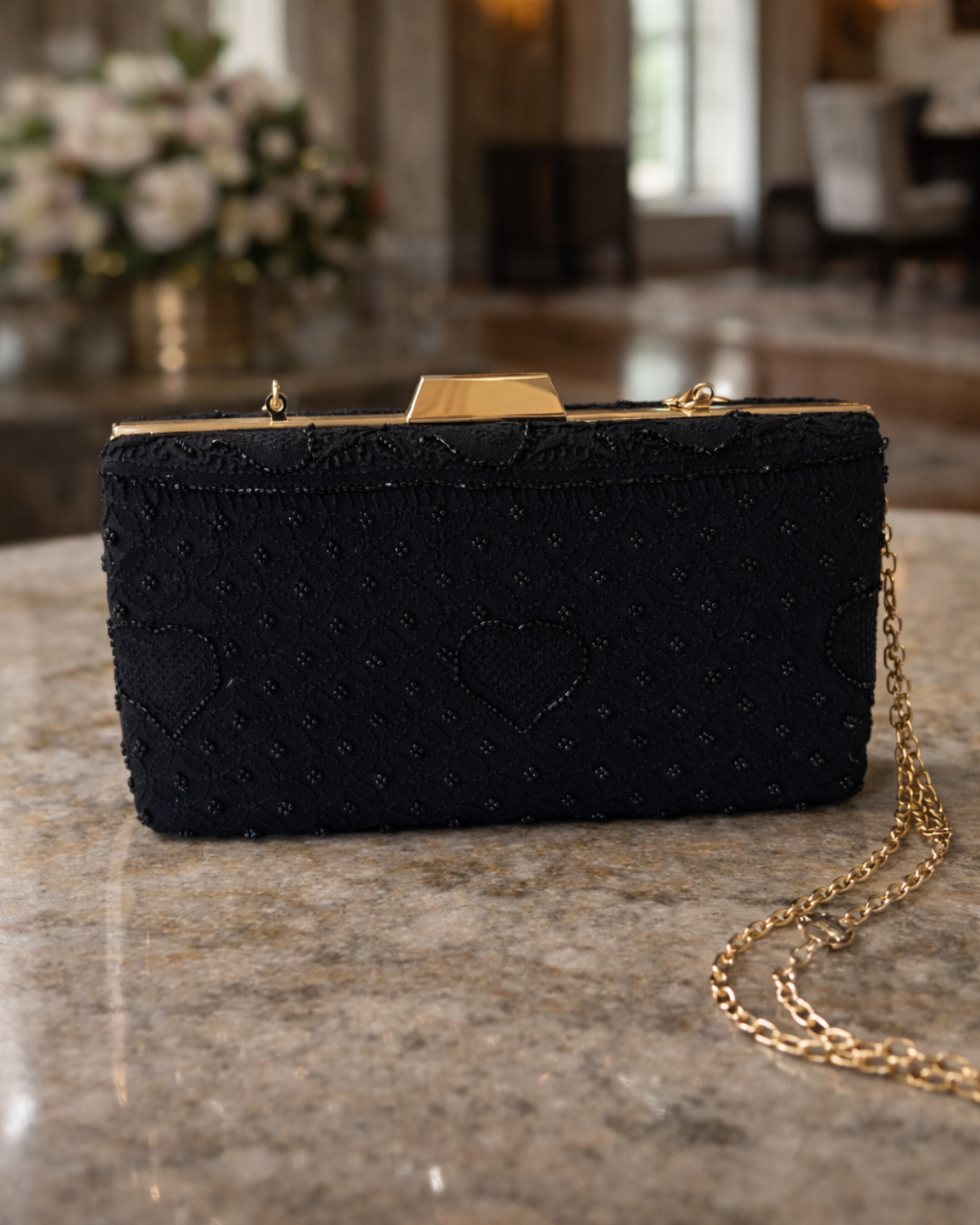 Noir Heart Embroidered Evening Clutch
