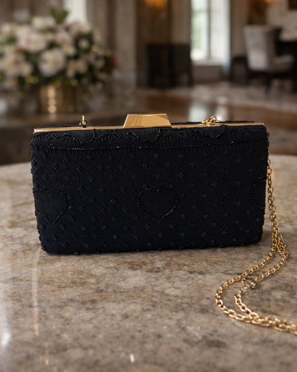Noir Heart Embroidered Evening Clutch