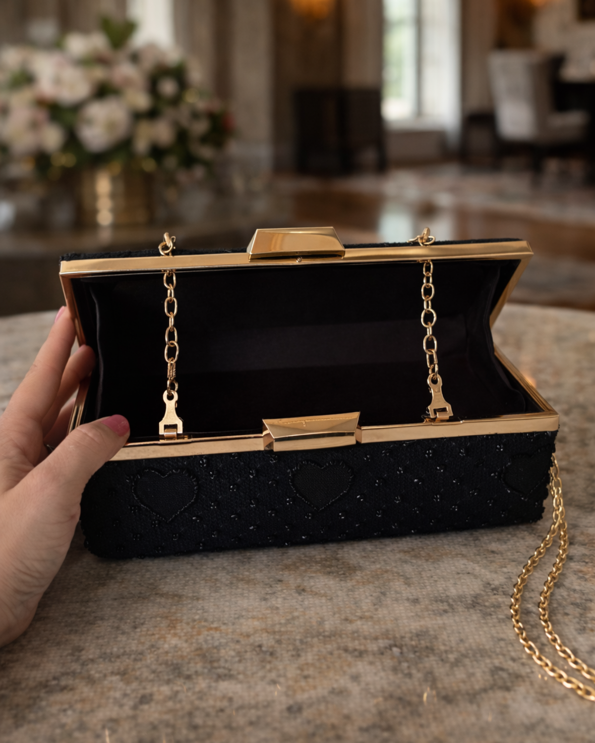 Noir Heart Embroidered Evening Clutch